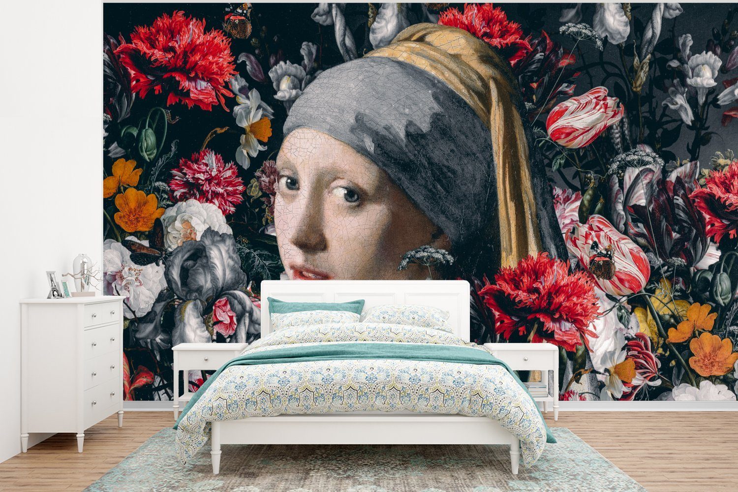 MuchoWow Fototapete Das Mädchen mit dem Perlenohrring - Blumen - Johannes Vermeer, Matt, bedruckt, (6 St), Wallpaper für Wohnzimmer, Schlafzimmer, Kinderzimmer, Vinyl Tapete
