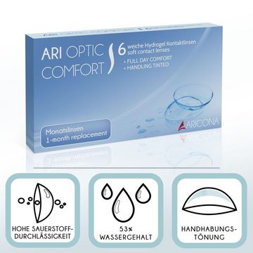 aricona Monatslinsen Kontaktlinsen Monatslinsen weich BC 8.6 mm DIA 14.2 Dioptrien: +4.00 Weiche Kontaktlinsen für den täglichen Gebrauch, 6 Stück, mit Stärke
