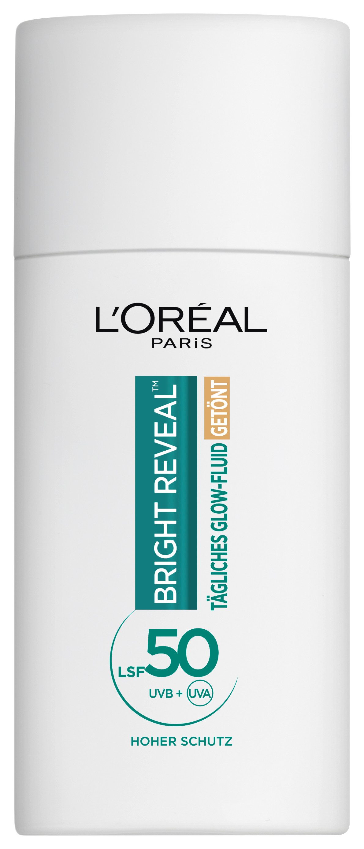 L'ORÉAL PARIS Gesichtsfluid BRIGHT REVEAL TÄGLICHES GLOW-FLUID GETÖNT MITTEL LSF 50, mit Vitamin C und E, feuchtigkeitsspendend.