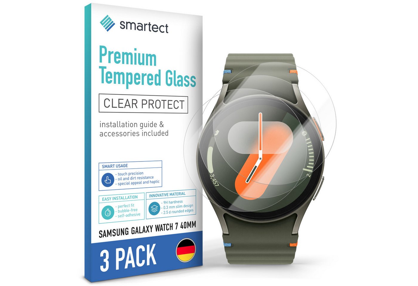 smartect Displayschutzglas 3X Schutzglas Panzerfolie Klar für Samsung Galaxy Watch 7 40mm für Samsung Galaxy Watch 7 40mm, Set, 3 Stück, 0.3 mm Ultra-klar, 9H Härte, Kratzfest, Stoßfest, Blasenfrei, Oleophob