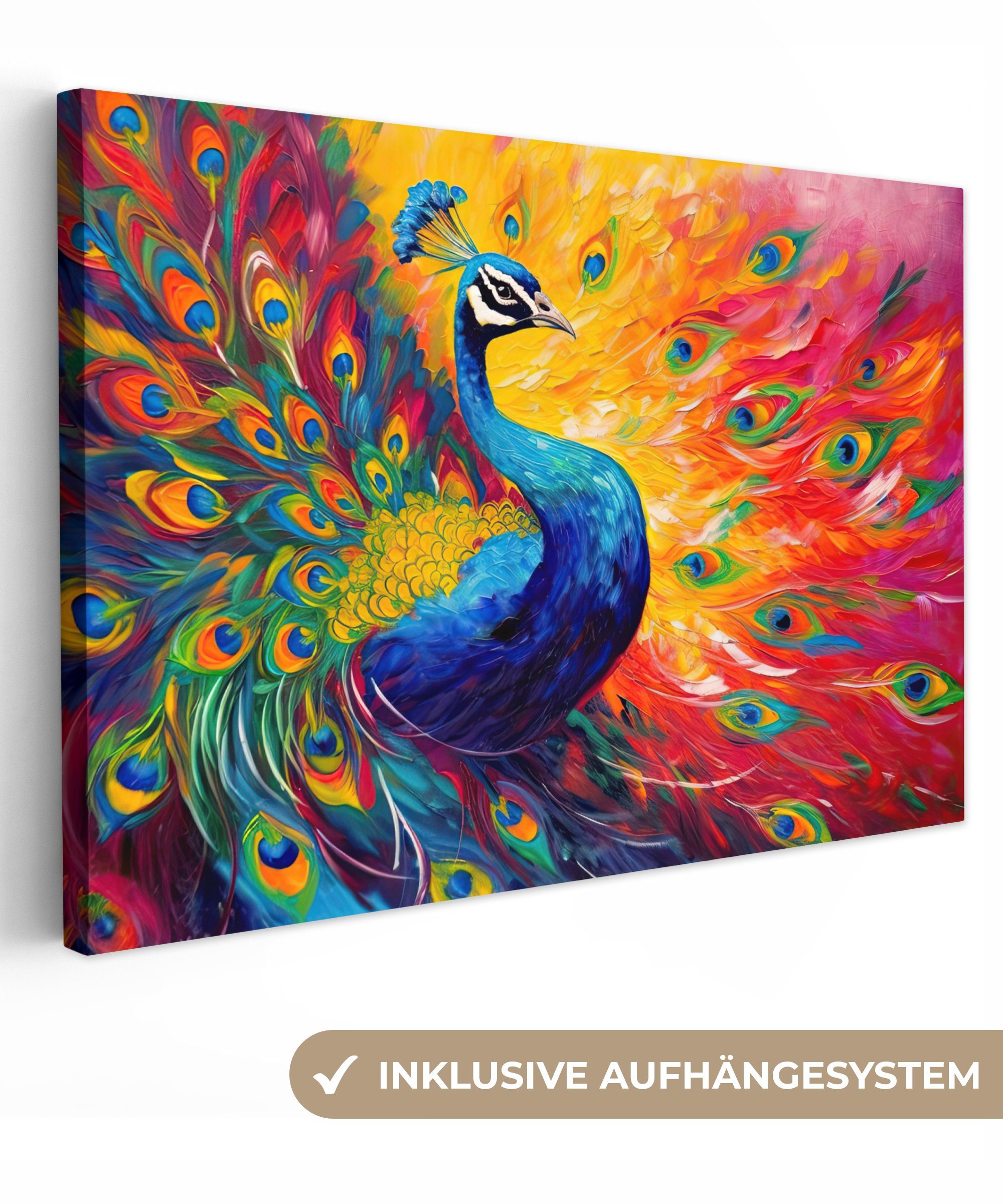 OneMillionCanvasses® Leinwandbild Pfau - Kunst - Malerei - Pfauenfedern, Fotodruck (1 St), Leinwand Bilder Klein, Wand Dekoration Aesthetic 30x20 cm