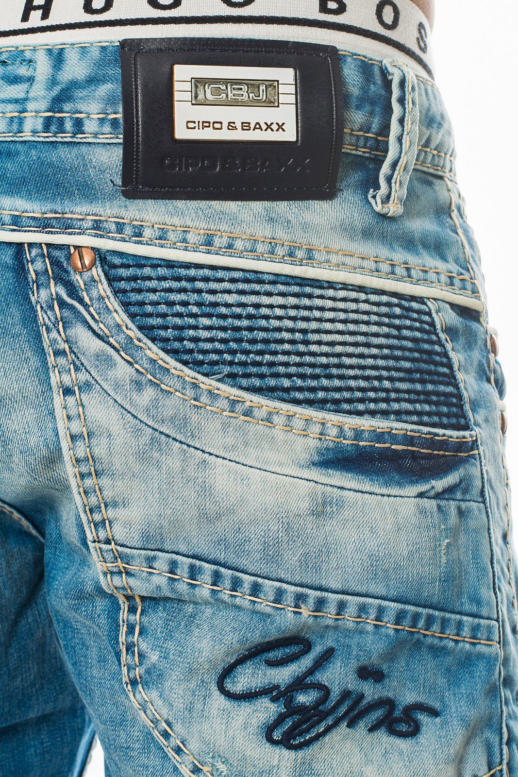 Cipo & Regular-fit-Jeans Abriebstellen Baxx Applikationen Nähten, mit Herren Design Hose Aufwendiges Waschung kleinen Jeans stylischen mit Ausgefallene mit dicken