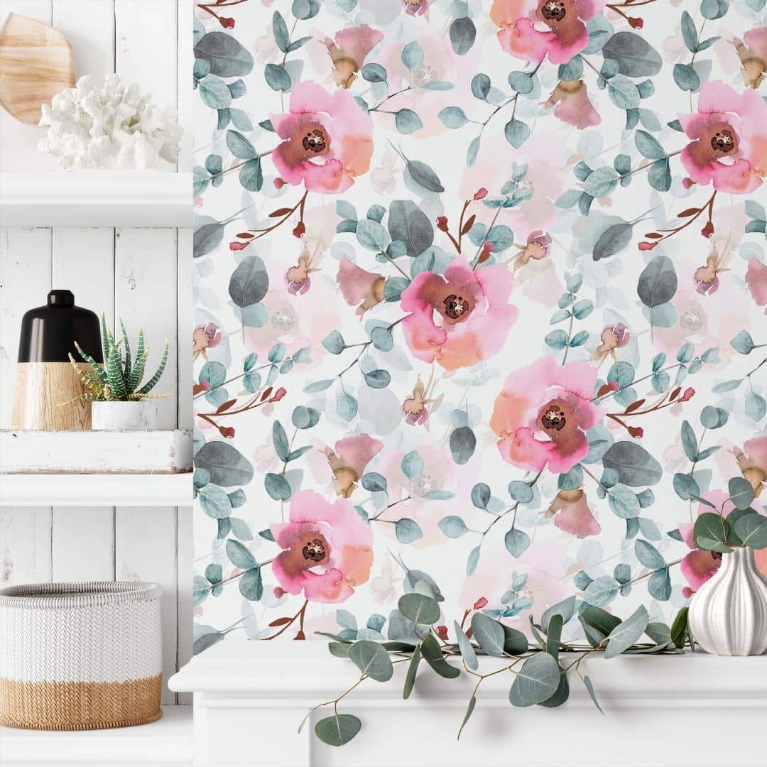 K&L Wall Art Mustertapete Vintage Eukalyptus Botanische Blumentapete Rosen Vliestapete, Eukalyptuszweige Tapete