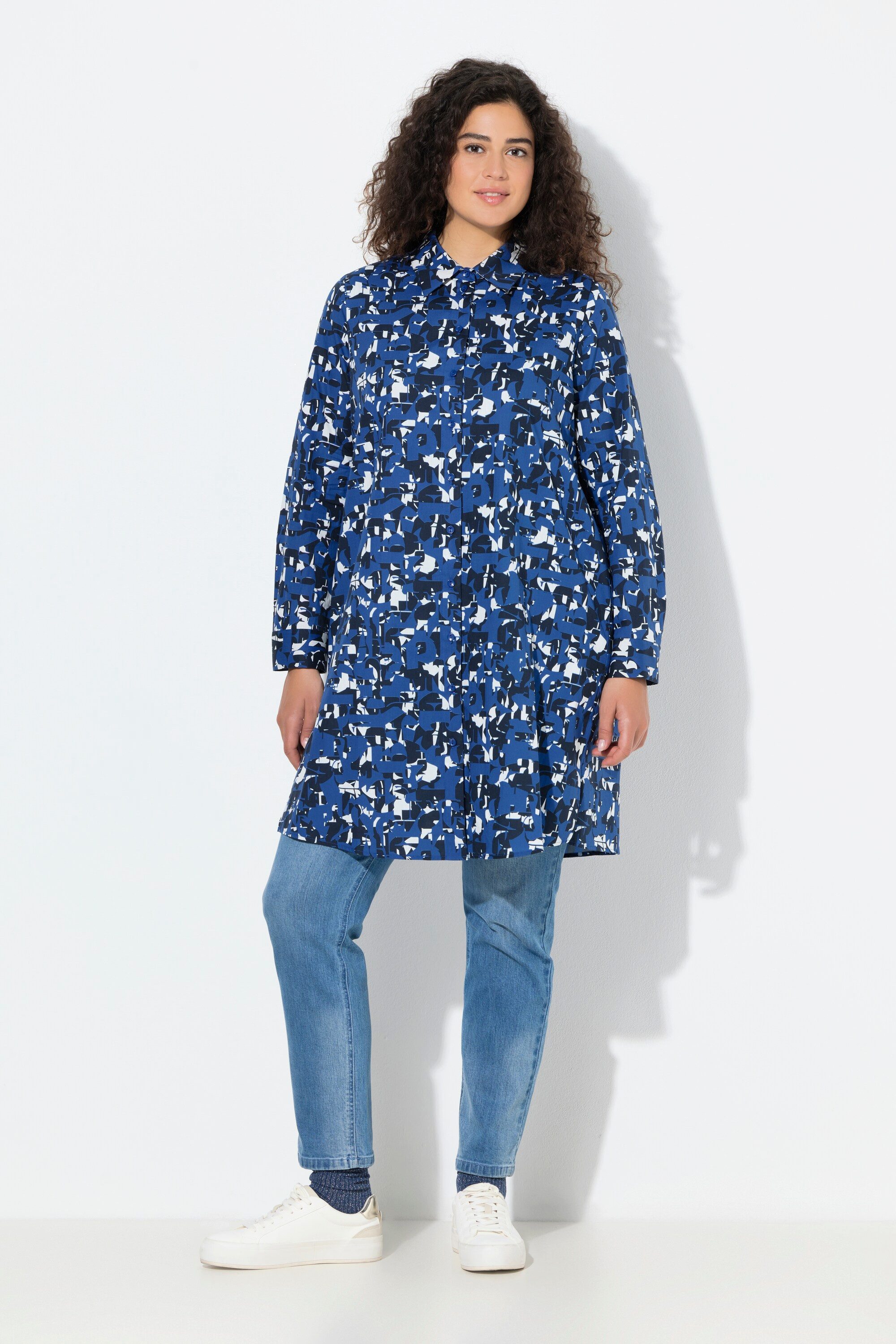 Longbluse Longbluse Buchstaben A-Linie Hemdkragen Langarm