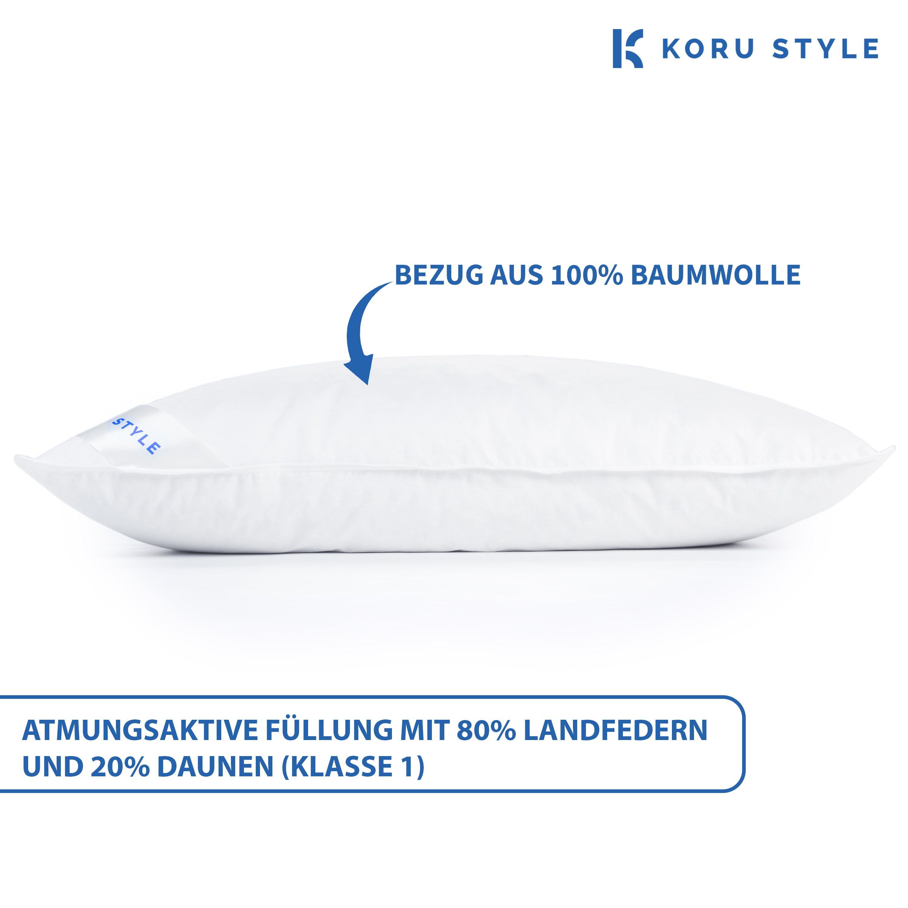 Style, Koru 80% aus tolles 20% Federkopfkissen Landfedern Landdaunen, Kopfkissen Baumwolle, Deutschland, 100% Bezug: halbweiße Stützkraft Füllung: und neue Preis-Leistungs-Verhältnis, Medium Superior,