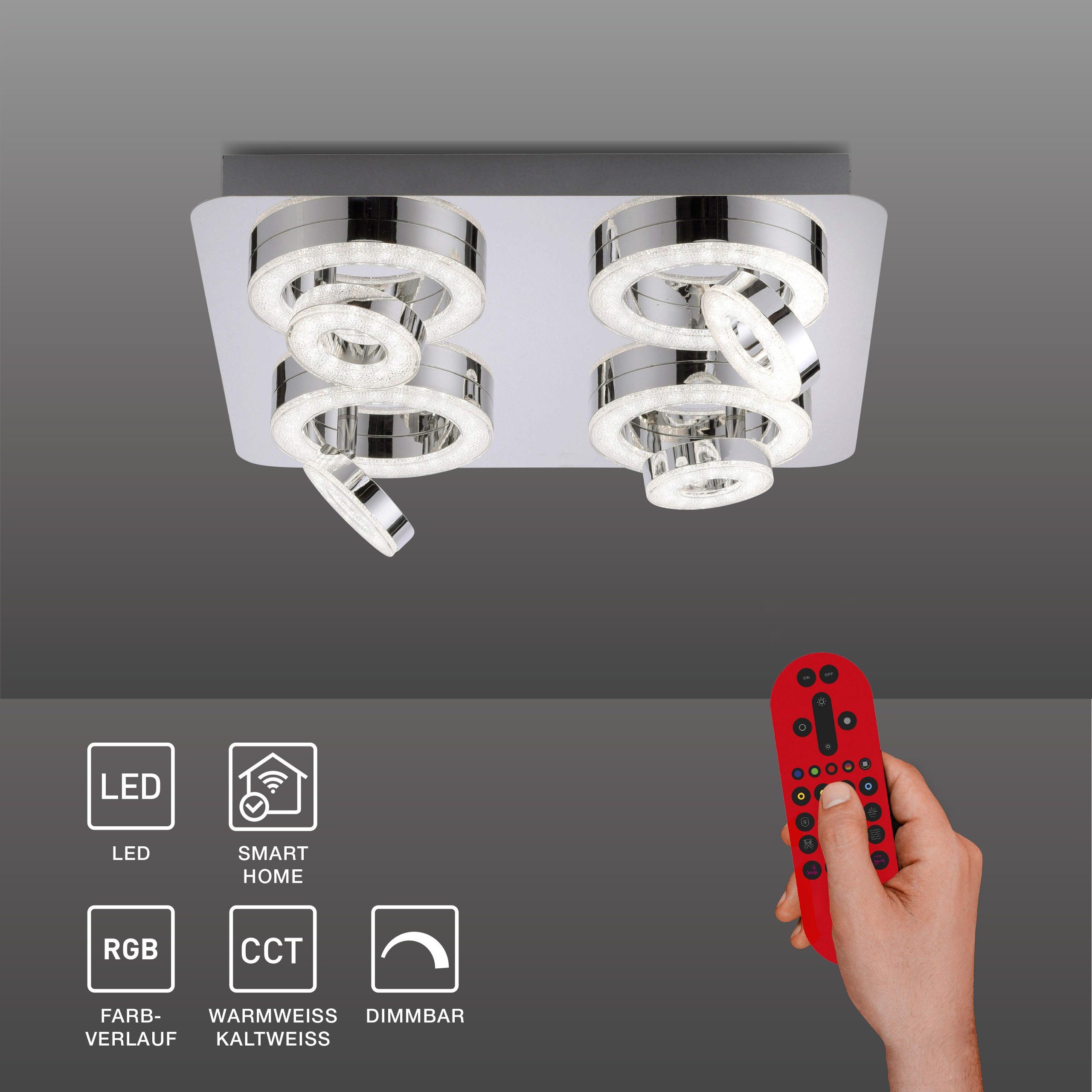 LeuchtenDirekt LED Deckenleuchte LED Deckenleuchte Smarthome - Spot, Smart Home, CCT-Farbtemperaturregelung, RGB-Farbwechselfunktion, Dimmfunktion, Memoryfunktion, 4xLED/3,10Watt, warmweiß bis tageslichtweiß, Spotköpfe schwenkbar Fernbedienung dimmbar CCT