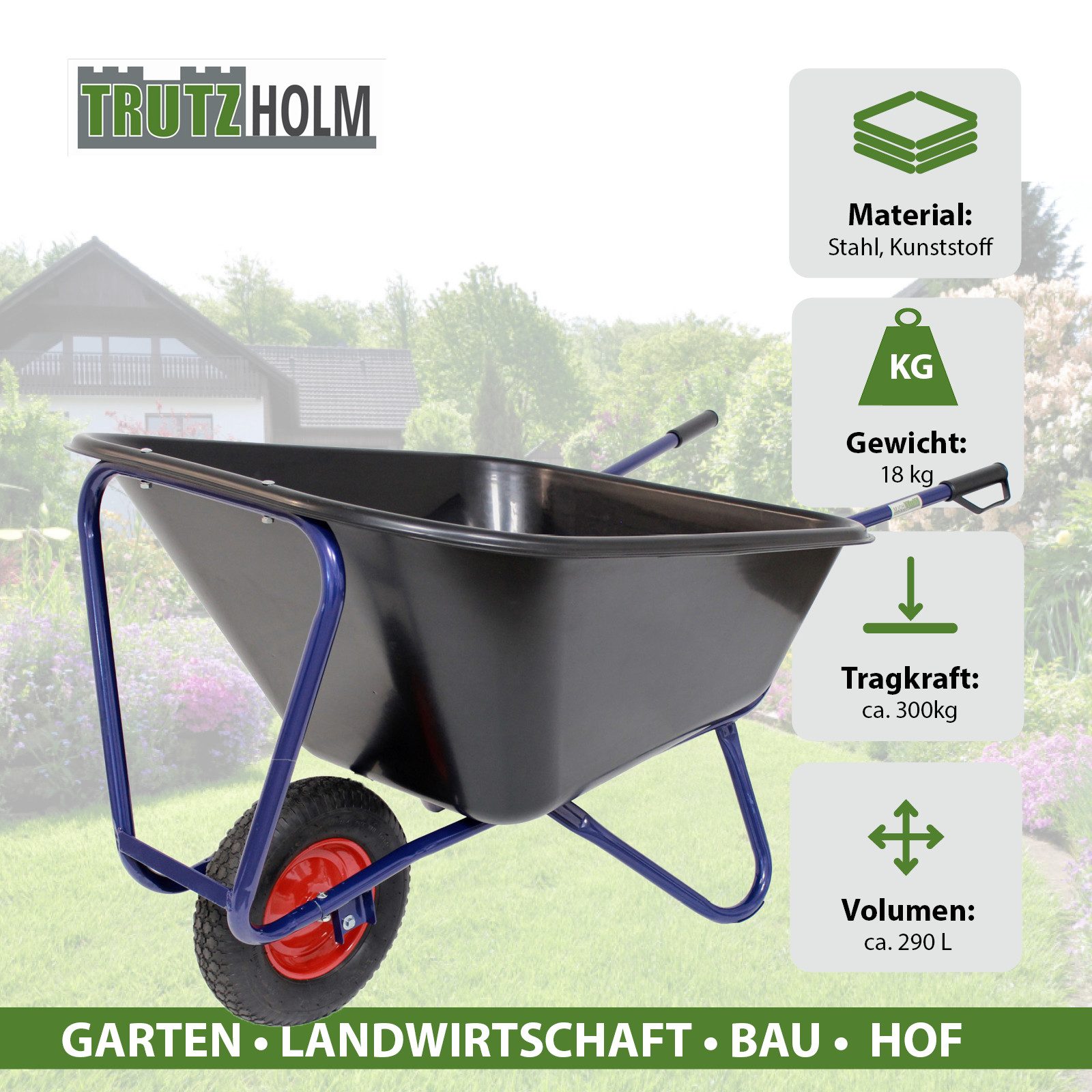 TRUTZHOLM Schubkarre 1-Rad XXL 290 L 300 kg Luftrad Metallfelge Kunststoffmulde schwarz, (Einzeln, 1-tlg), stabiles Stahlgestell