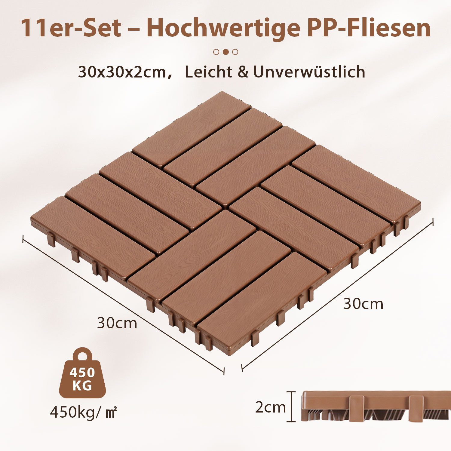 Clanmacy Terrassenplatte Kunststoff-Bodenfliesen 88 Stück 30x30cm Klickfliesen Rotbraun, Kunststoff 30x30, Braun