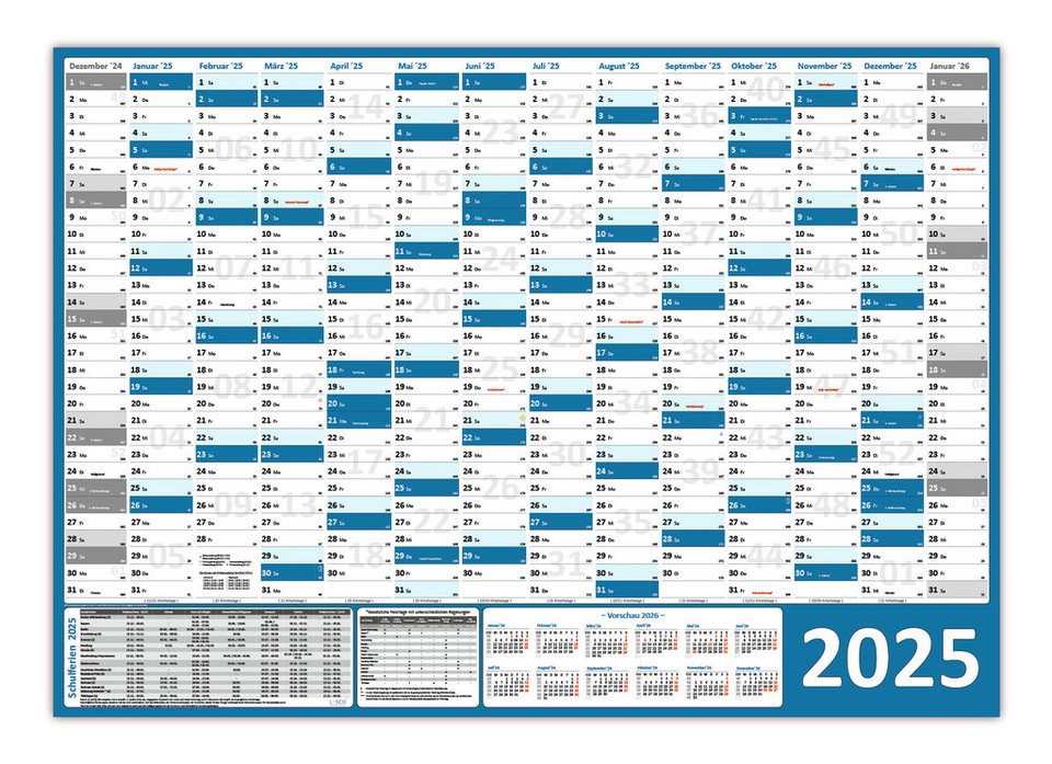 LYSCO Wandkalender Wandplaner DIN A0 / DIN A1 2025 (blau), Formate DIN