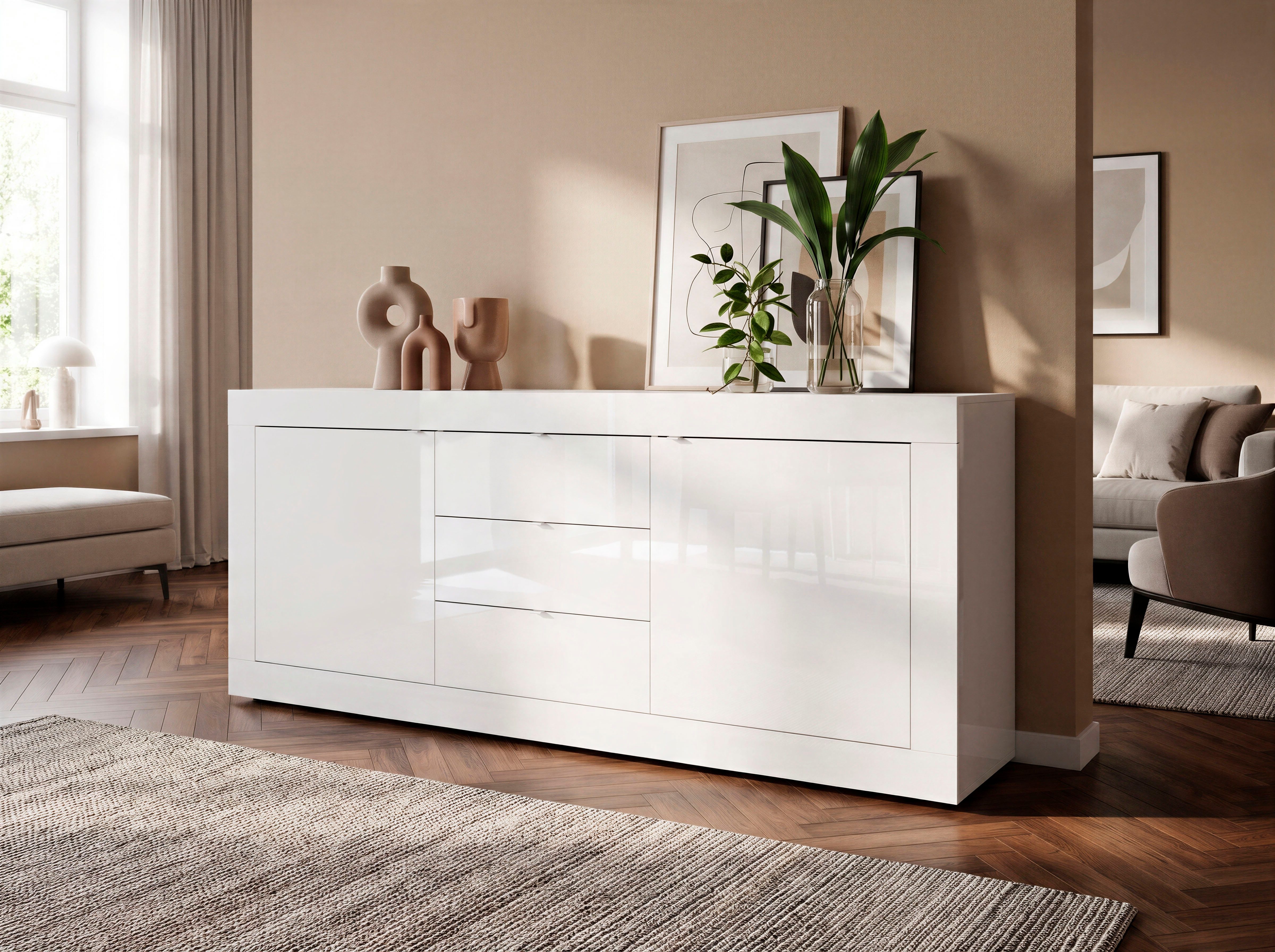 Home affaire Sideboard Basic Breite 210 cm, Kommode 2 Türen, 3 Schubkästen, Anrichte, Metallgriff, moderne Rahmenoptik, viel Stauraum, Farbauswahl
