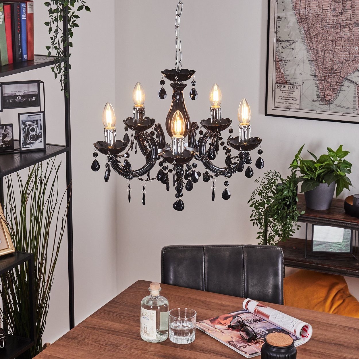 hofstein Kronleuchter »Compione« Hängeleuchte in Chromfarben/Schwarz mit Dekokristallen, ohne Leuchtmittel