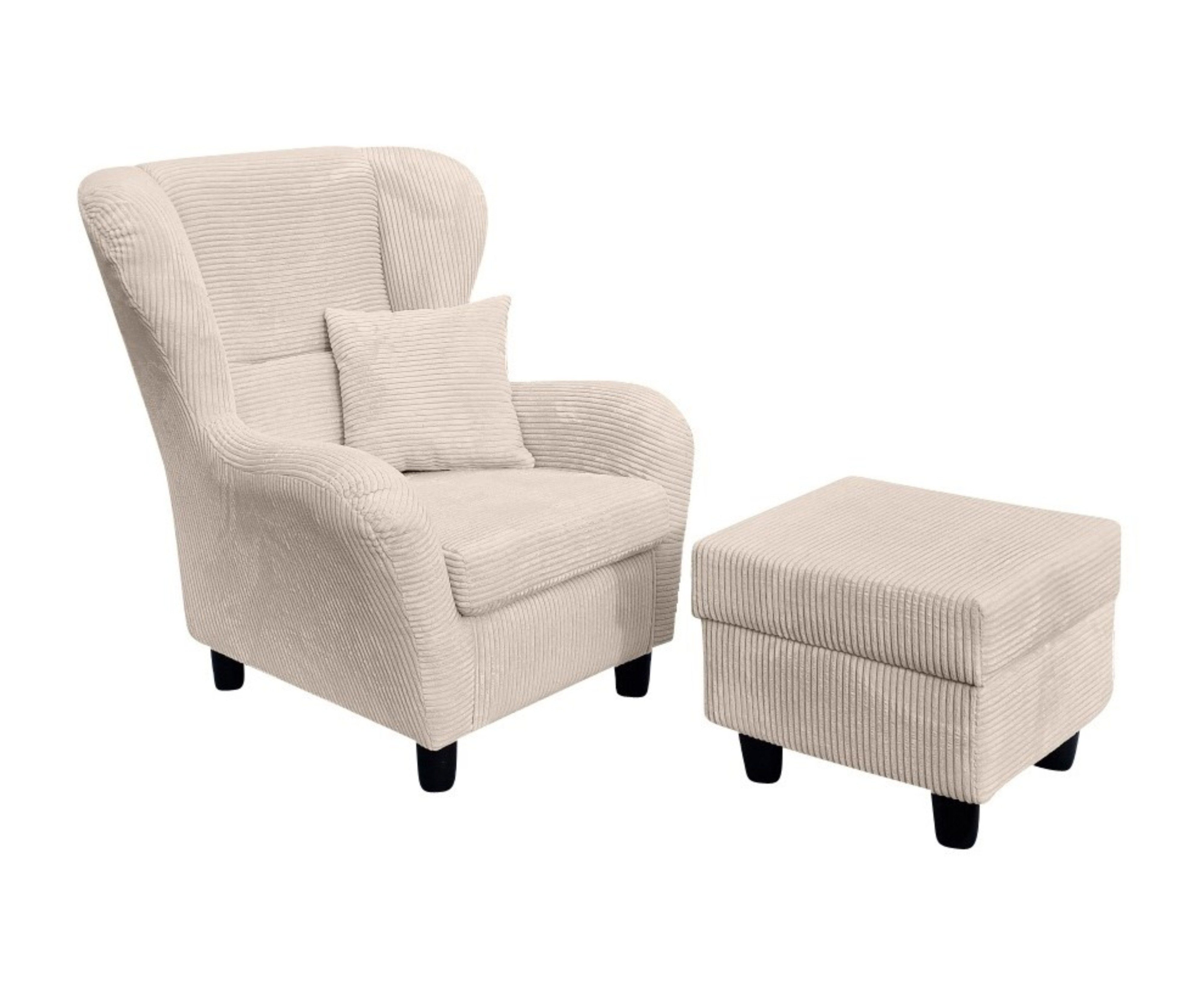 luma-home Ohrensessel 18017 (mit Hocker und Zierkissen, Wellenunterfederung, B90/H98/T76 cm), Lesesessel mit Echtholzfüßen, Bezug Cordstoff in Beige Creme