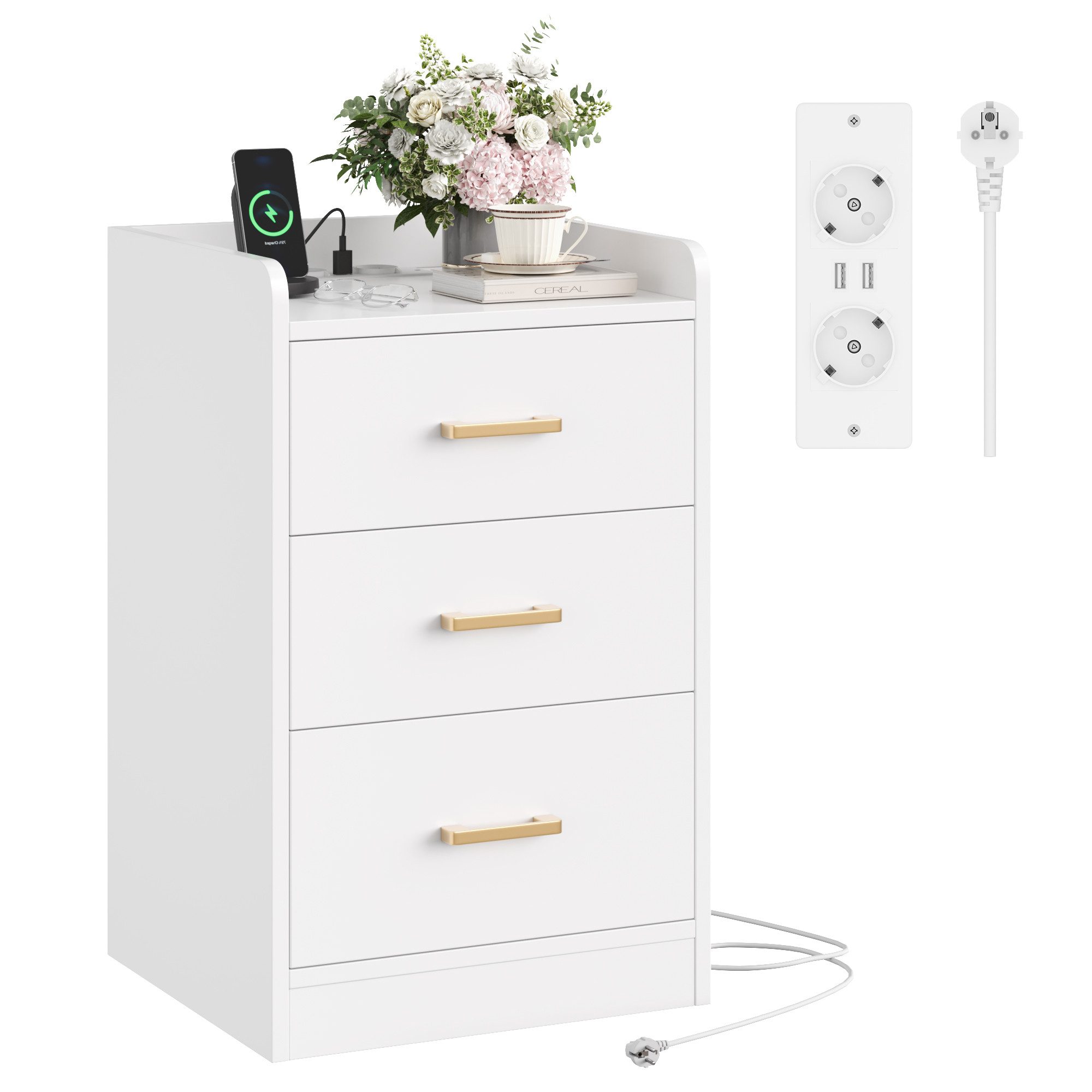 Homfa Nachttisch Nachtschrank mit Ladefunktion (1-St), 3 Schubladen, 2 AC-Steckdosen, 2 USB-Anschlüsse, 40x38x66cm