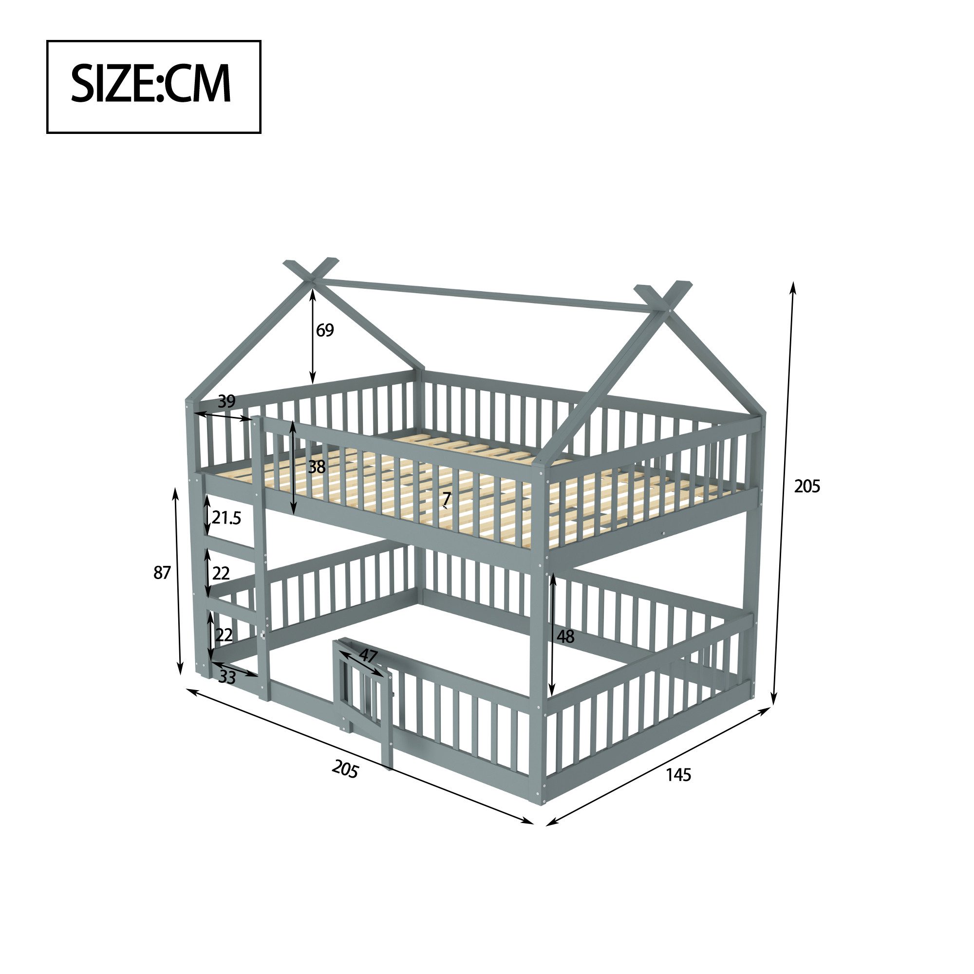 MODFU Etagenbett Kinderhochbett mit hoher Absturzsicherung (Spielbett mit Tür, Hochbett, 140x200 cm), ohne Matratze