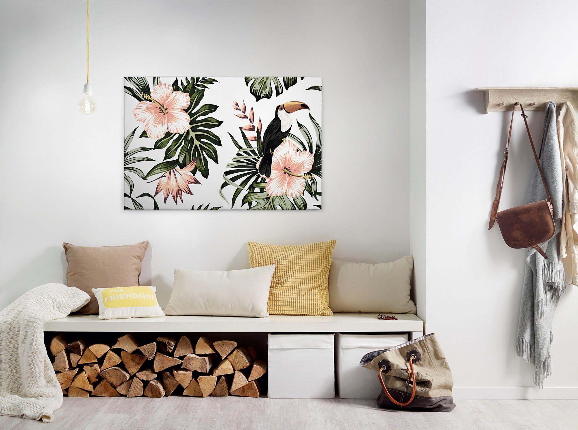 A.S. Création Leinwandbild Toucan, Blumen, Kinder, Kunst (1 St), Palmenblätter Hibiskus Dschungel Keilrahmen Leinwand-Bild Wohnzimmer