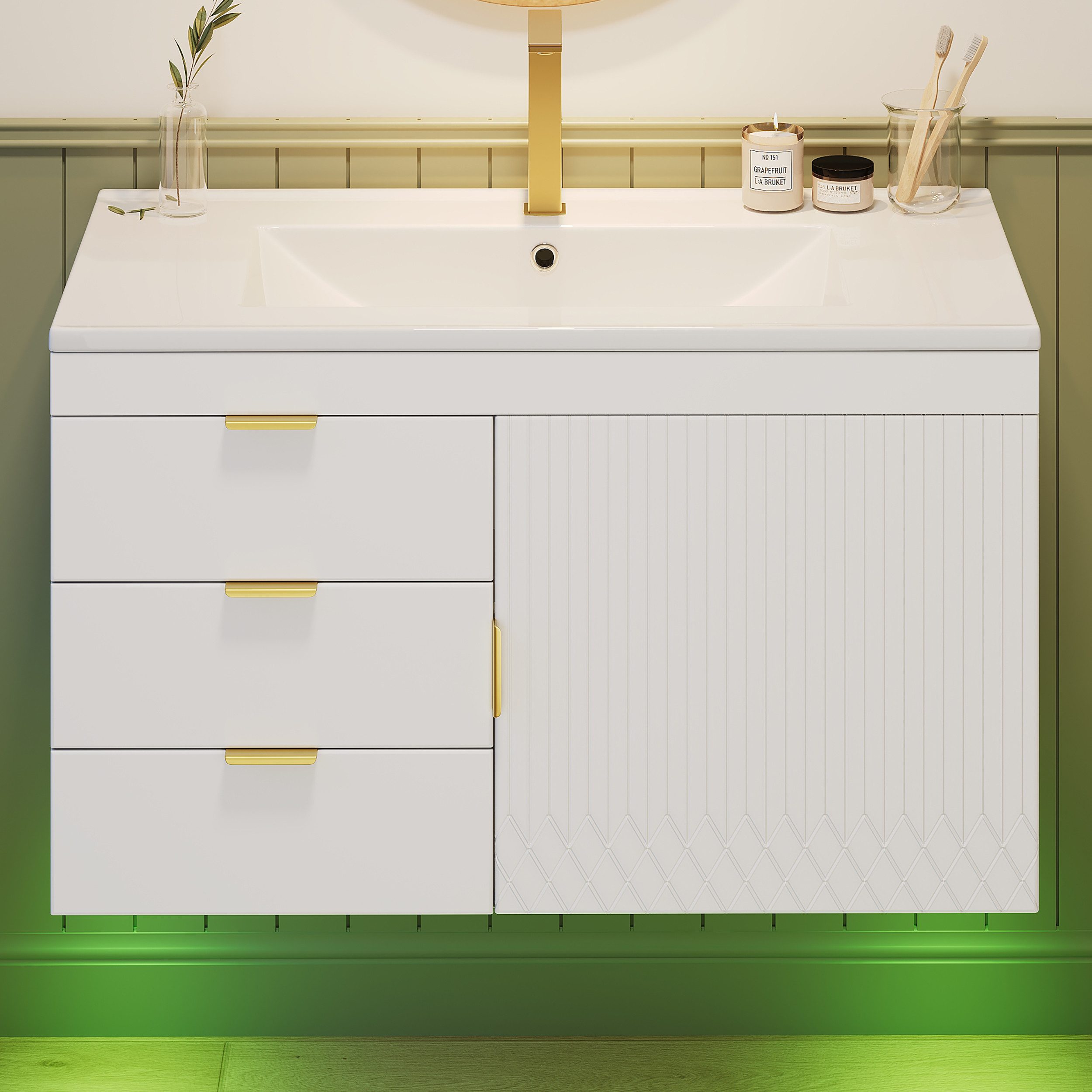 Merax Waschtisch mit LED inkl.APP, Wandhängender Badezimmerschrank mit Waschbecken (76x46x51cm, 1-St., Badmöbel Set ohne Wasserhahn), Badschrank mit 2 Schubladen, 1 Klapptür, 1 Flügeltür & Stauraum