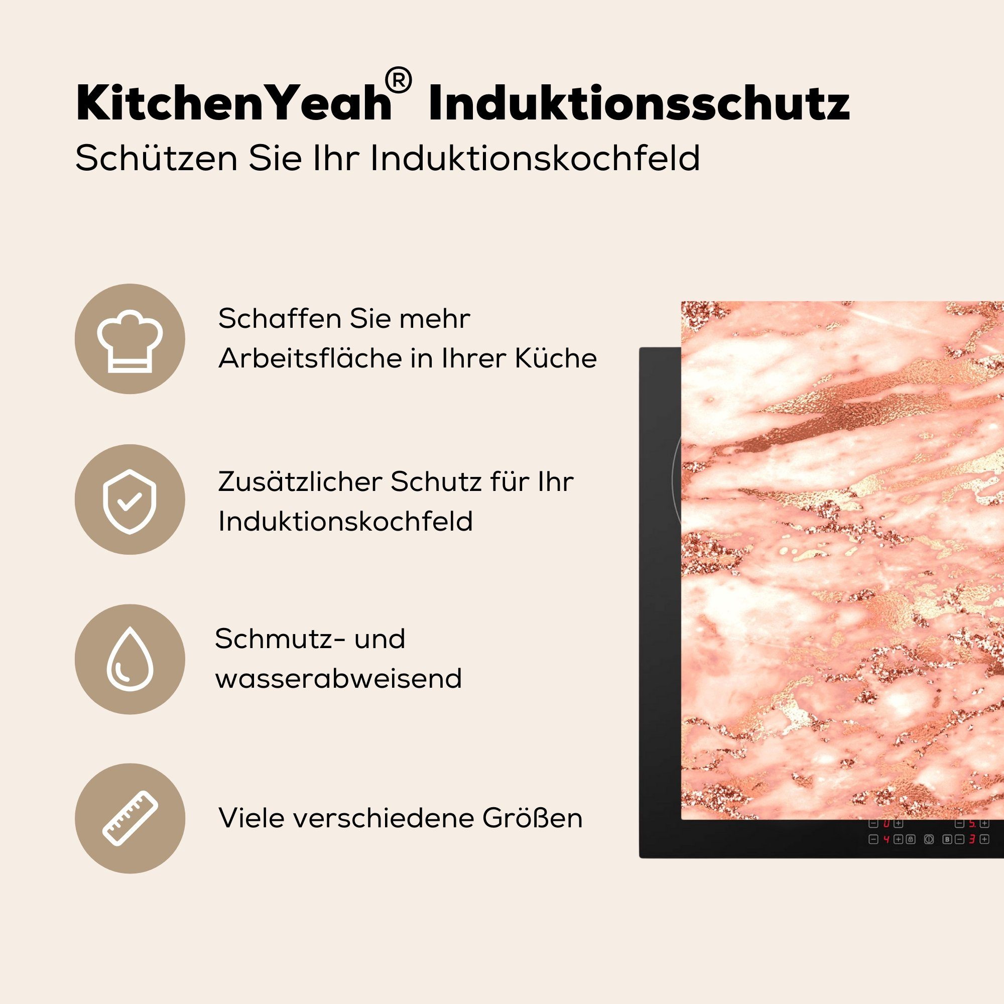 - 81x52 cm, tlg), Vinyl, Herdblende-/Abdeckplatte küche, MuchoWow Induktionskochfeld - Glitzer die Marmor Ceranfeldabdeckung Schutz Roségold, für (1