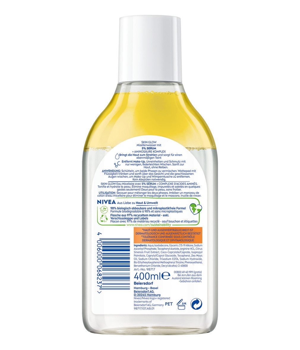 Nivea Gesichtswasser Mizellenwasser Skin Glow Make-Up Entferner reinigend 3x400ml, 3-tlg., Vitamin C, Vitamin E
