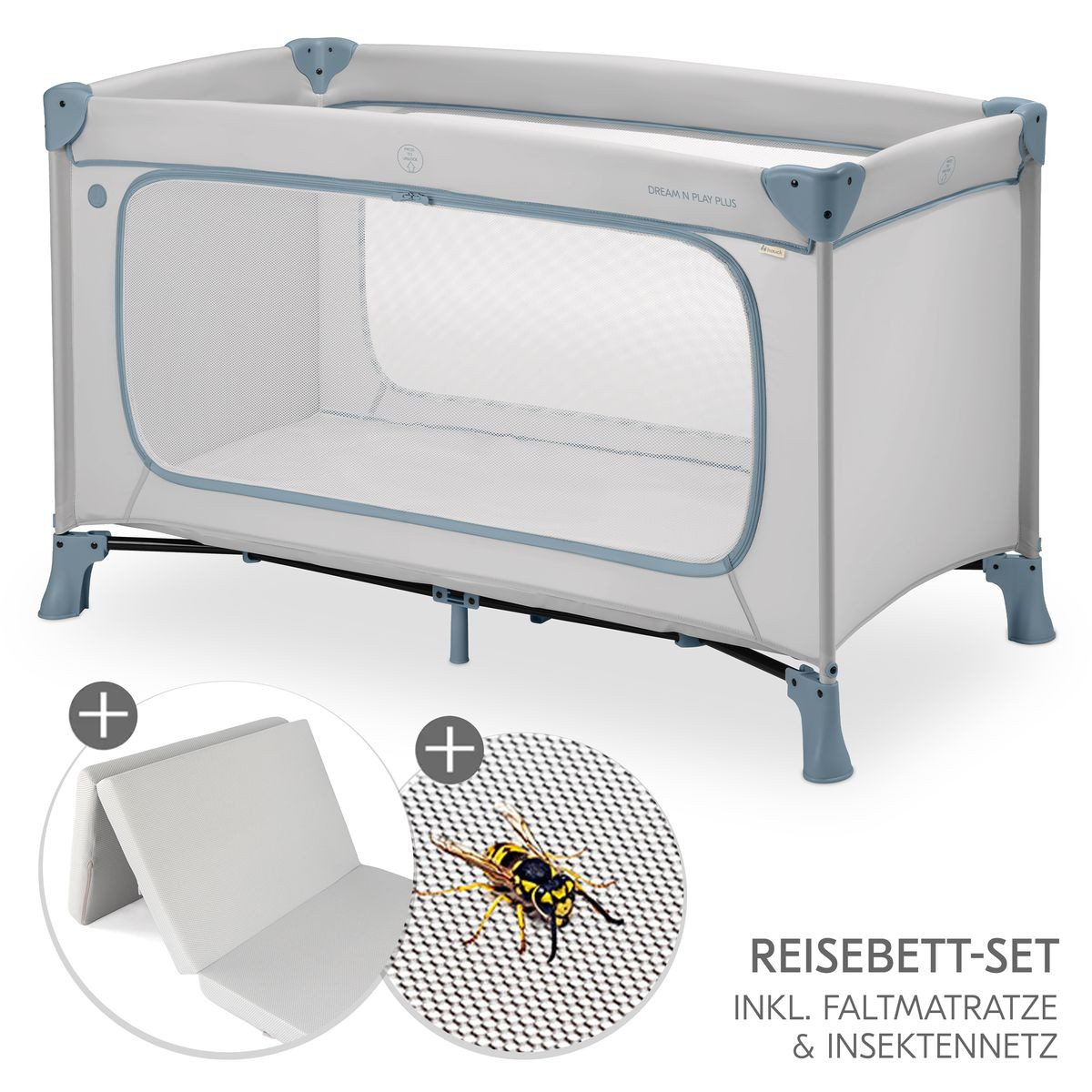 Hauck Baby-Reisebett Dream N Play Plus - Dusty Blue, Kinder Baby Reisebett mit großem Eingang, Matratze & Insektenschutz