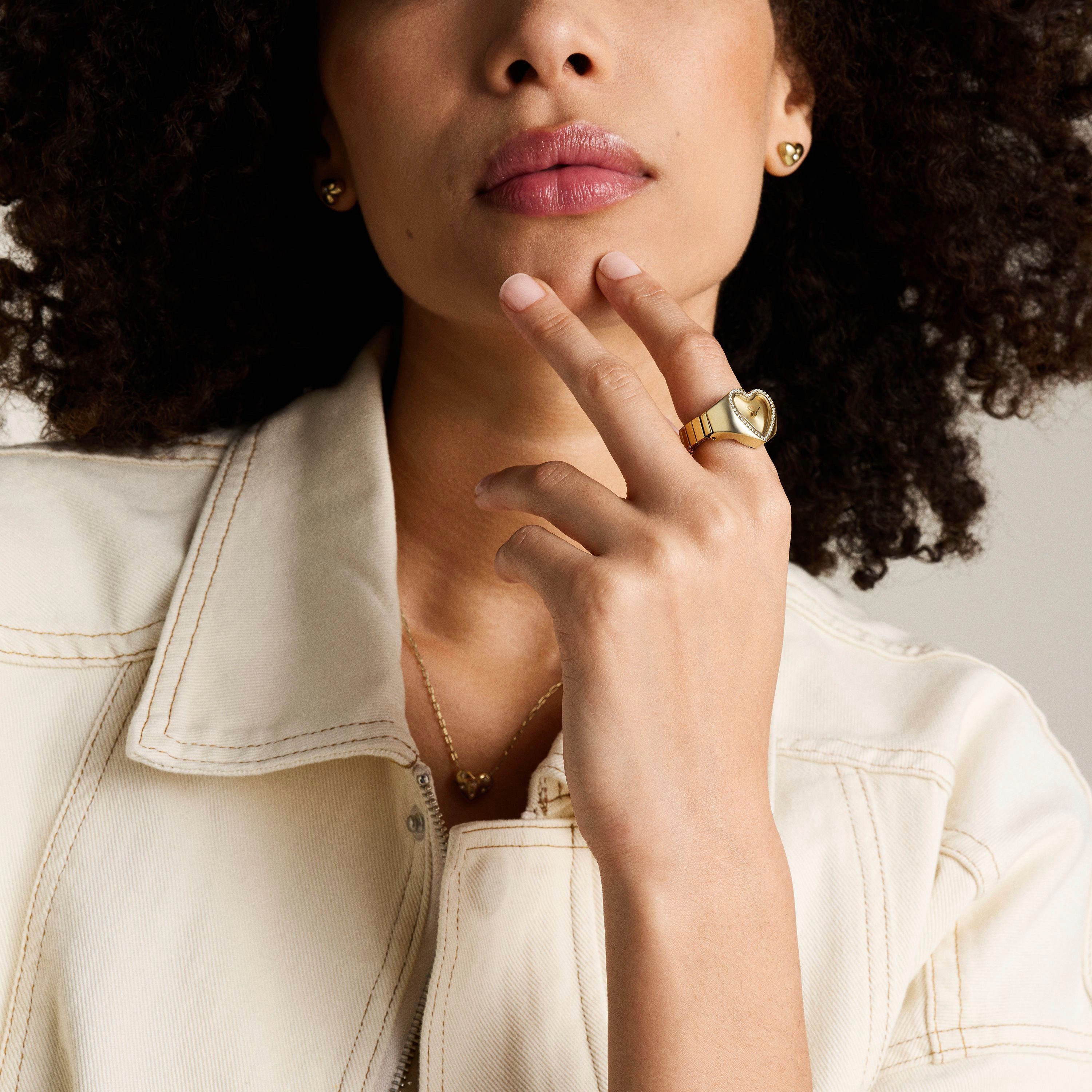 Fossil Uhrenring WATCH RING HEART ES5407, Quarzuhr, Damenuhr, Herzform, analog, Glassteine, Flexband, Zugband