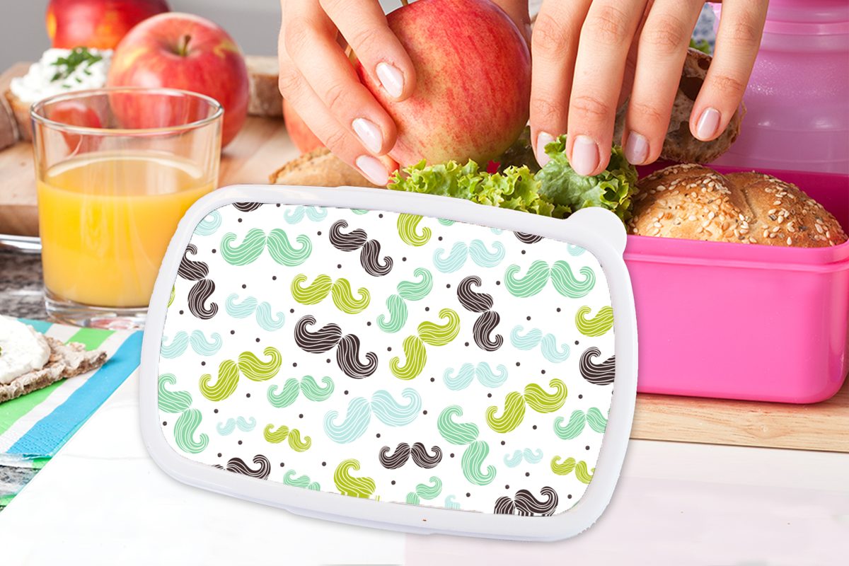 MuchoWow Lunchbox Muster - Schnurrbart Farben - - Kunststoff (2-tlg), Kleiner Brotbox rosa - Erwachsene, Kinder Brotdose - Kinder, Kunststoff, Junge, Jungen Mädchen, für Snackbox