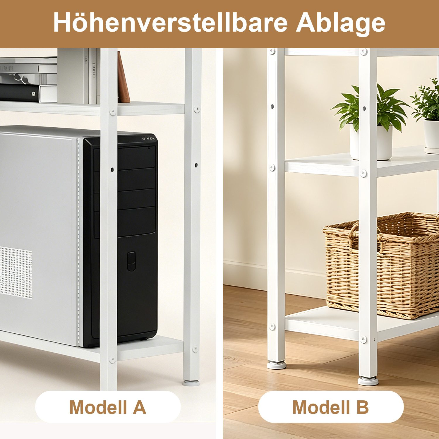 SURFOU Schreibtisch Bürotisch mit Seitlichem Regal & Verstellbaren Füßen, Computertisch mit Ablagefläche, Einfacher Montage Gaming Tisch – Bild 4 von 5