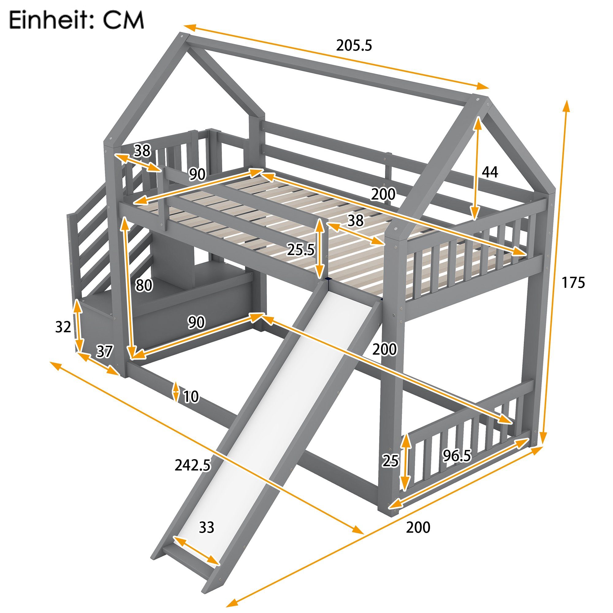 OKWISH und Stauraumtreppe 90x200cm Kinderbett, Jugendliche, Geländer), (mit Bett für Ohne grau mit Etagenbett, Matratze Hausbett Rutsche, geeignet Kinder,