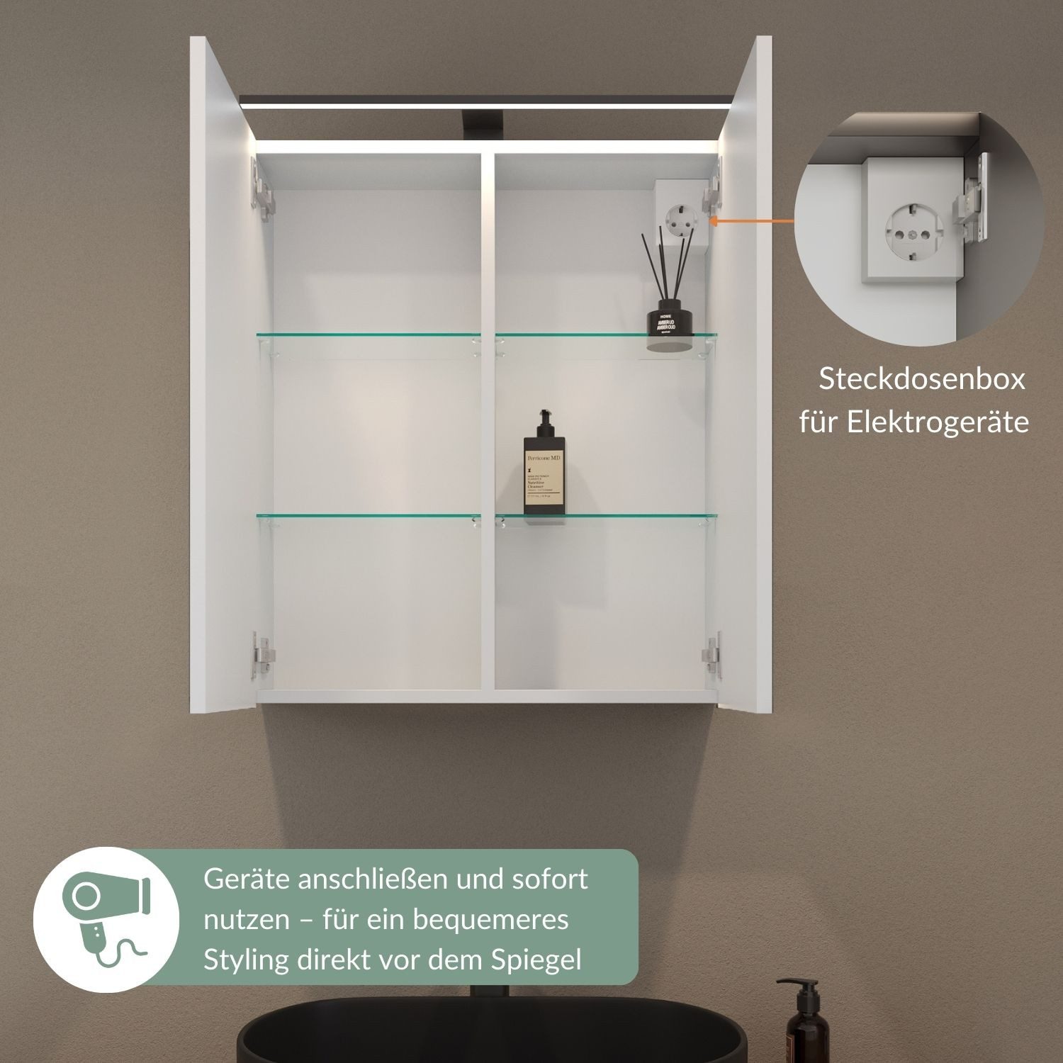 Planetmöbel Spiegelschrank ARIA Badschrank mit Spiegel hängend 60 cm (Spiegelschrank Bad 60 cm mit Beleuchtung und Steckdose, Badspiegelschrank 2-türig) weiß grau