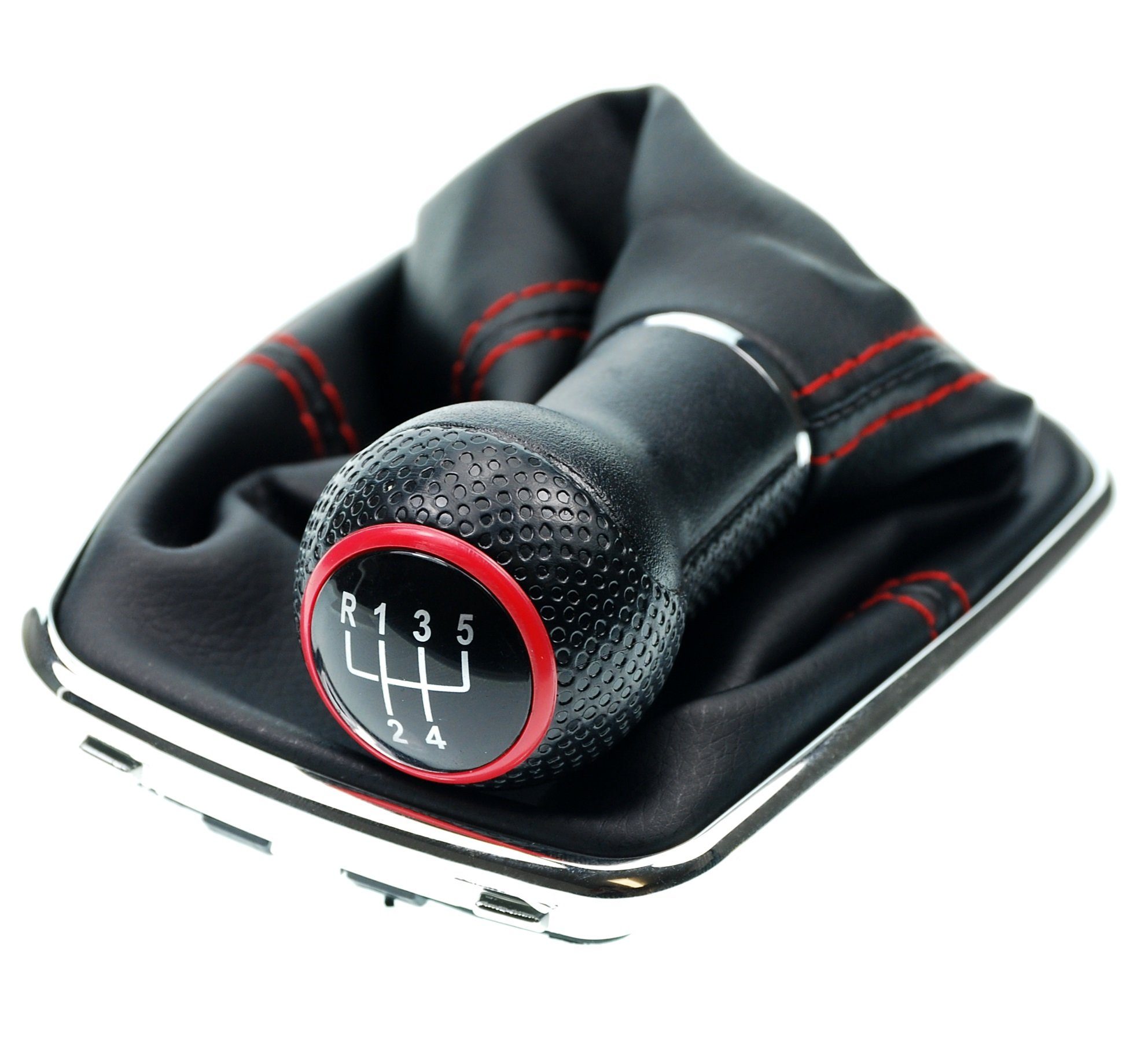 L & P Car Design Schalthebel Schaltsack Rot Schaltknauf Auto f. VW Golf 4 IV Bora Chrom 12 mm (Set, 1 St., Schaltknauf + Schaltsack + Rahmen), Plug&Play Montage