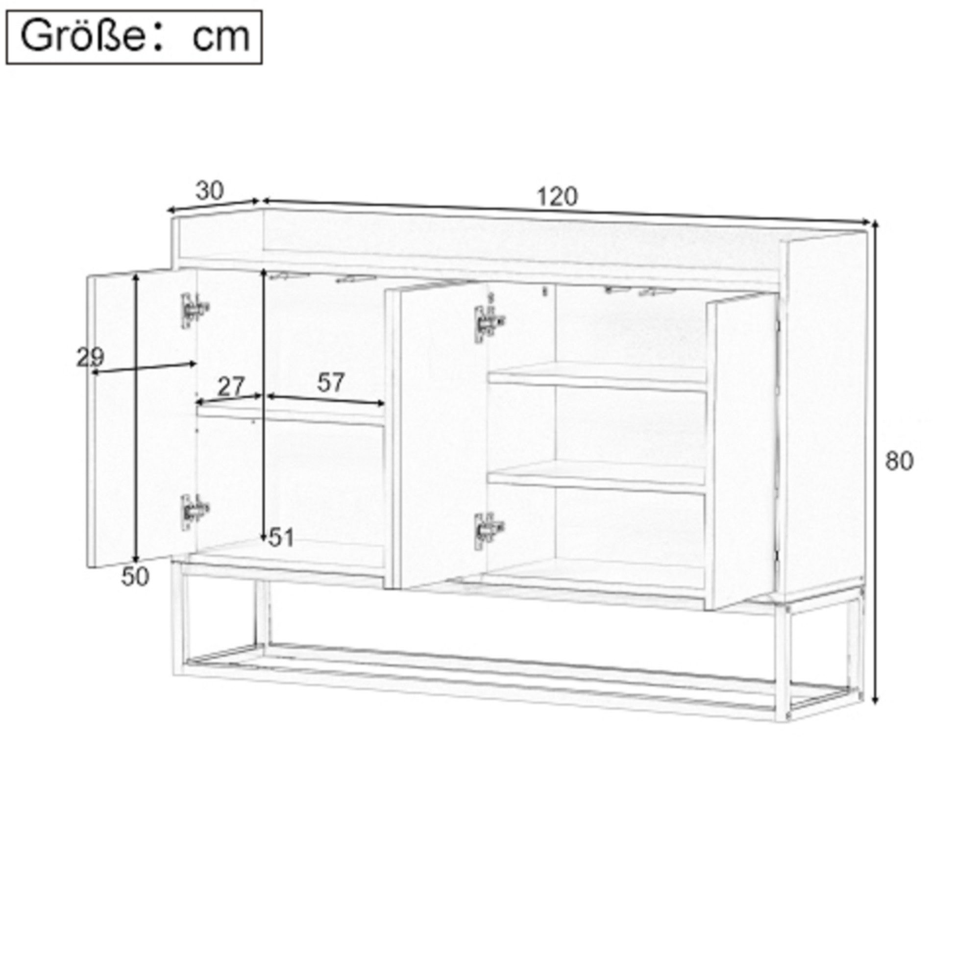NMCXXO Sideboard Modernes Sideboard mit 4 Türen und Metallgestell, mit 4 Türen, Kommode Landhaus, Anrichte, Buffet, B 120cm