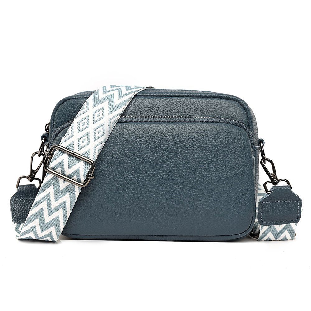 NUODWELL Umhängetasche Umhängetasche Damen, Leder Crossbody Bag mit Breiter Gurt 3 fächern Blau