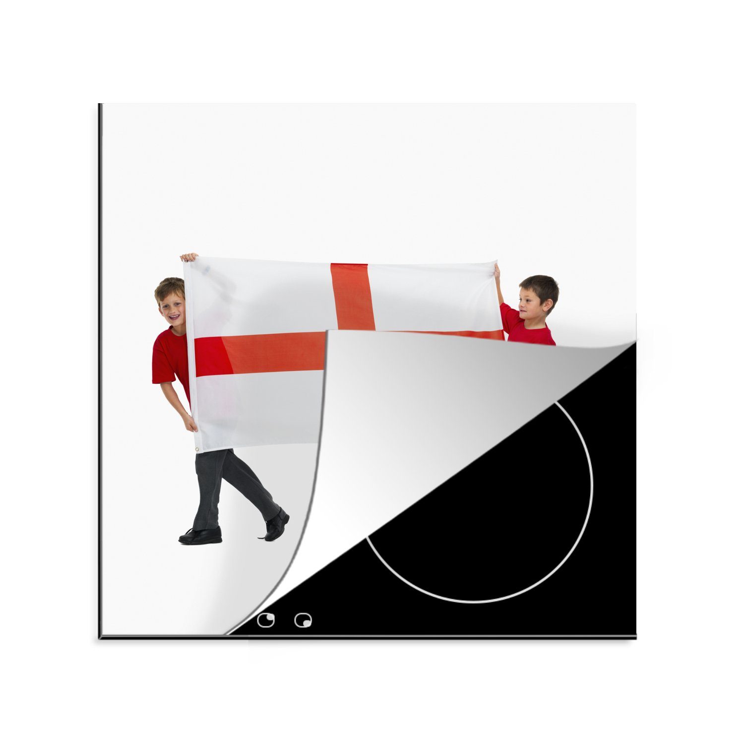 MuchoWow Herdblende-/Abdeckplatte Zwei Jungen tragen die englische Flagge, Vinyl, (1 tlg), 78x78 cm, Ceranfeldabdeckung, Arbeitsplatte für küche