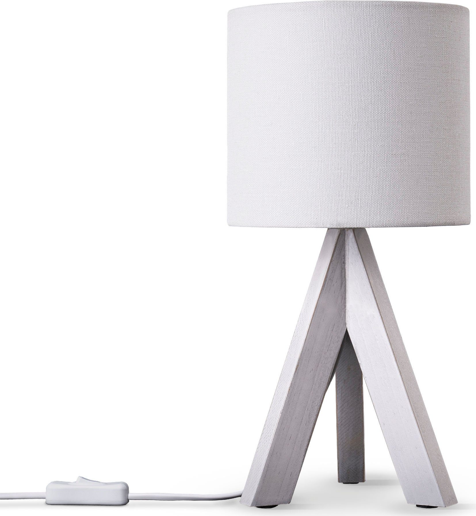 Paco Home Tischleuchte BAJO CANVAS UNI COLOR, ohne Leuchtmittel, Dreibein massiv Holz, Textilschirm uni Leinen, Ø 17 cm, H. 35 cm weiß weiß | Tischlampen