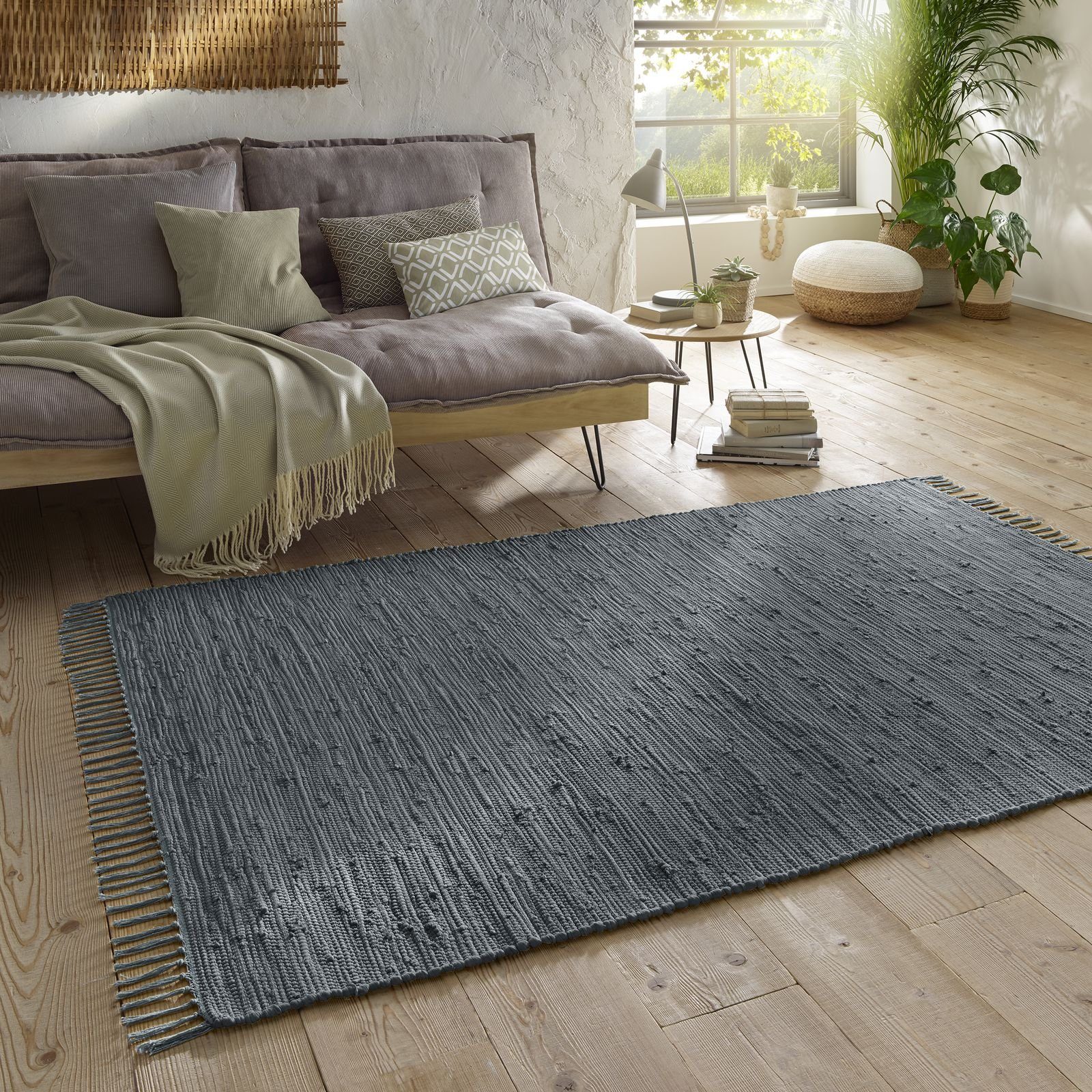 Teppich Flickenteppich TaraCarpet Sylt mit Fransen, TaraCarpet, rechteckig, Höhe: 5 mm, Wohnzimmer Schlafzimmer Küchenteppich nachhaltig anthrazit 060x090 | Kurzflor-Teppiche