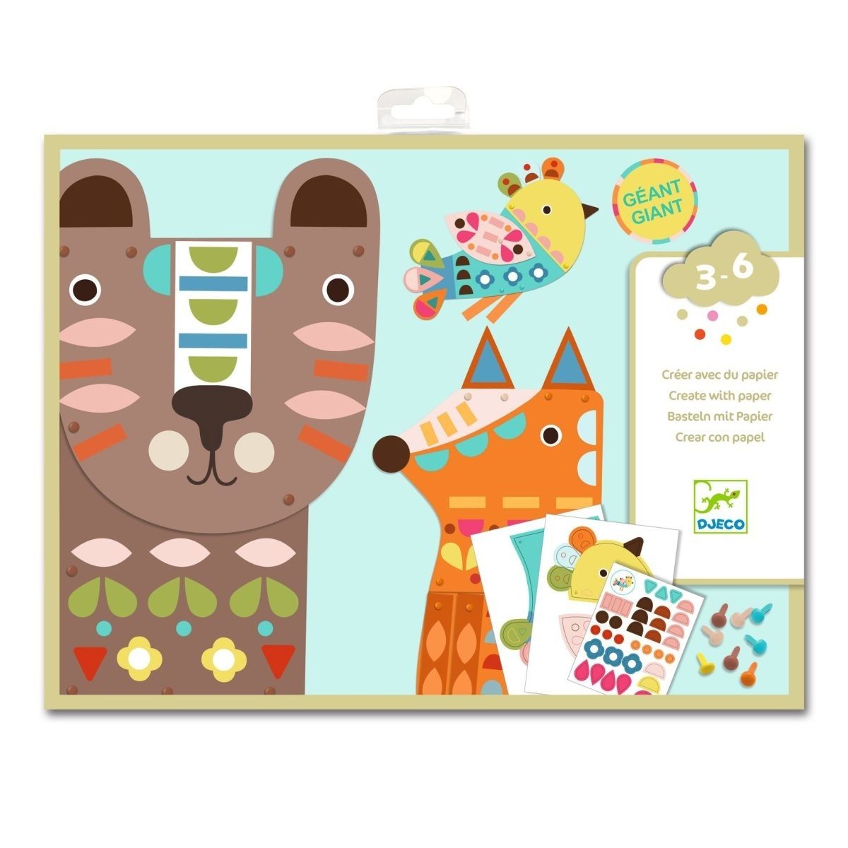 DJECO Kreativset Basteln 3-6: 3 riesige Tiere, 200 Sticker Kreativset für Kinder