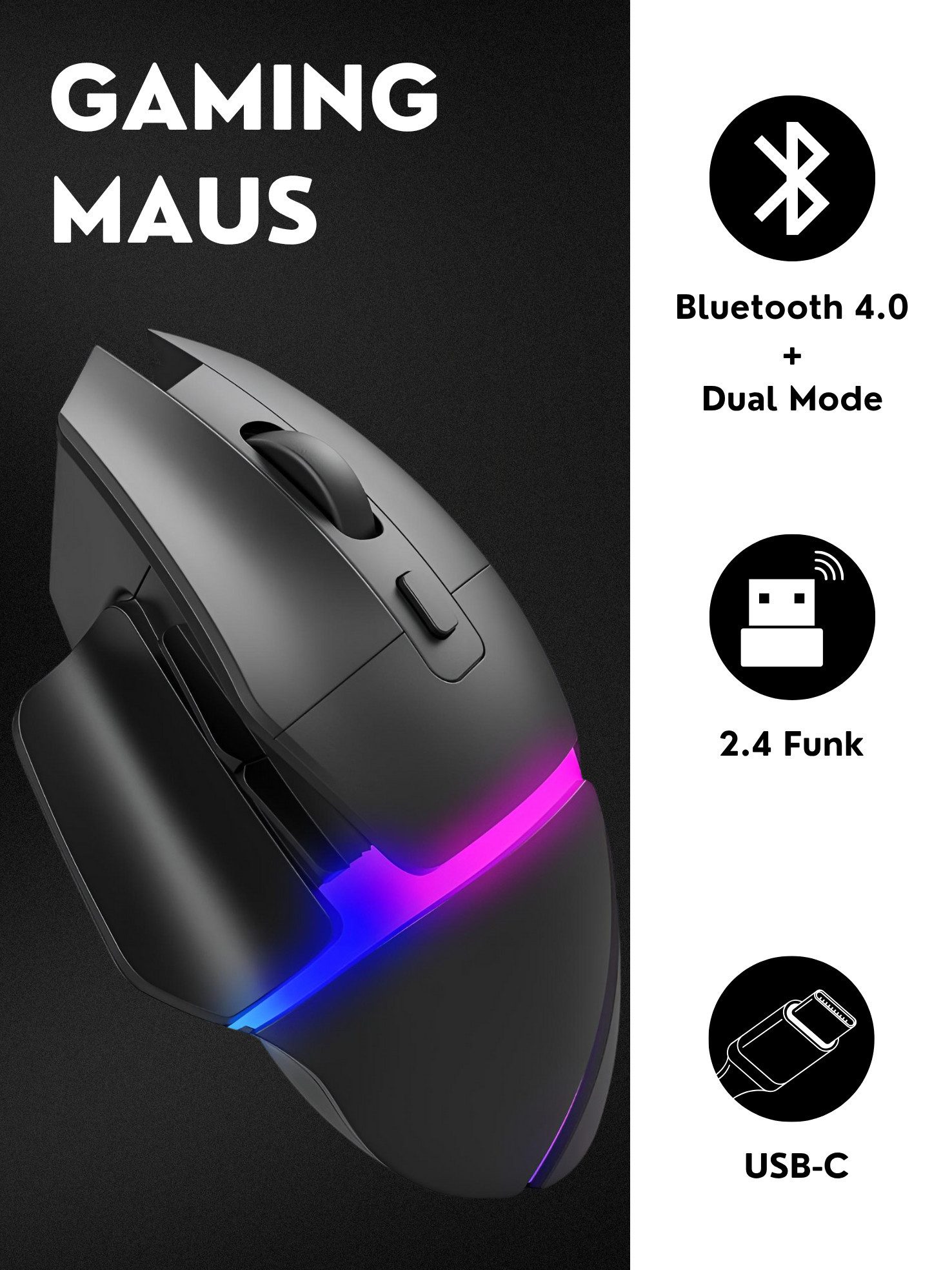 S&T Design Bluetooth Gaming Maus Kabellos RGB Ergonomisch Funk 2.5G Schwarz Gaming-Maus (Funk, Bluetooth, 7200 dpi, Plug & Play (LAUT) Daumenablage 90g Leicht Groß)