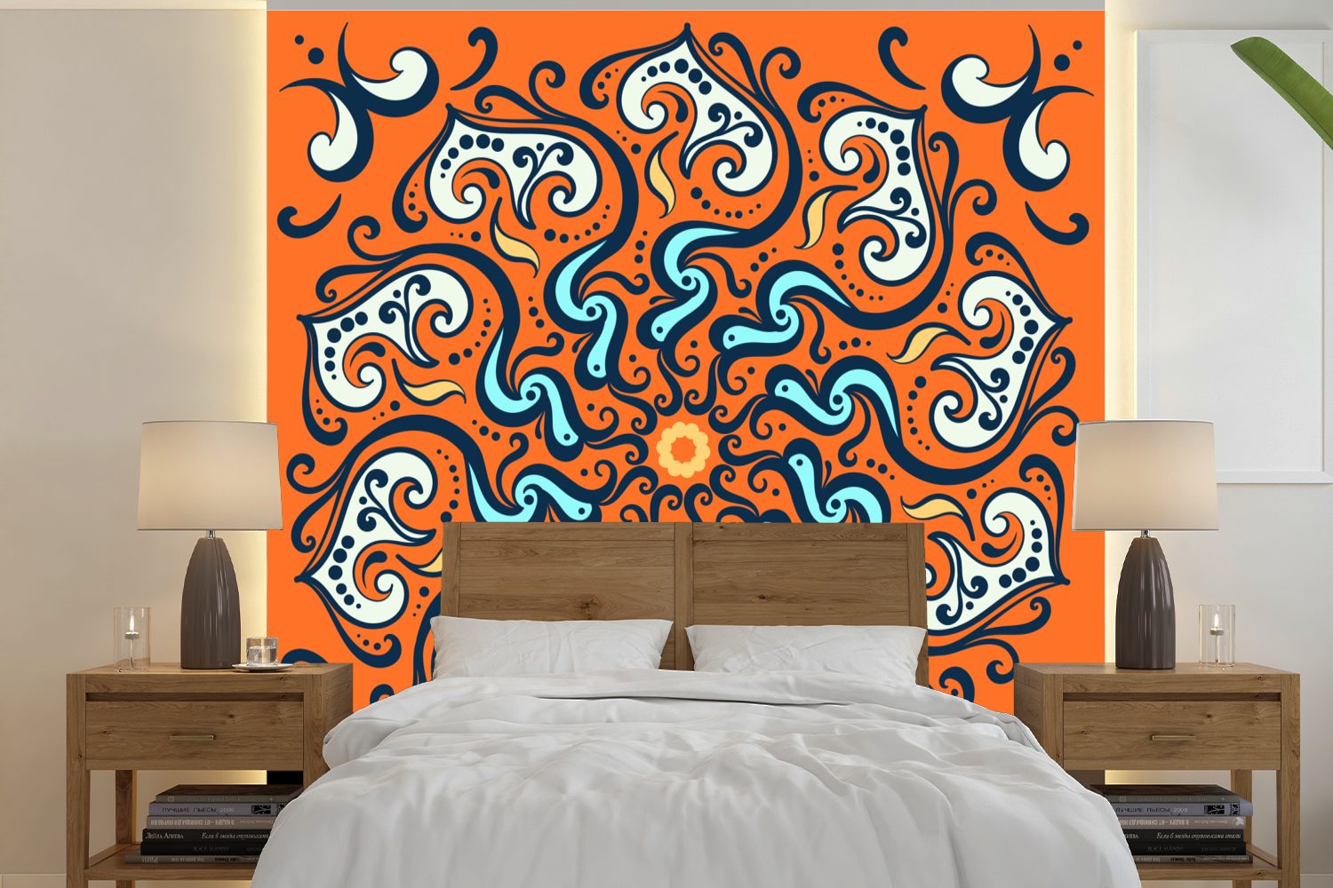 MuchoWow Fototapete Mandala - Blätter - Blau - Orange, Matt, bedruckt, (5 St), Vinyl Tapete für Wohnzimmer oder Schlafzimmer, Wandtapete