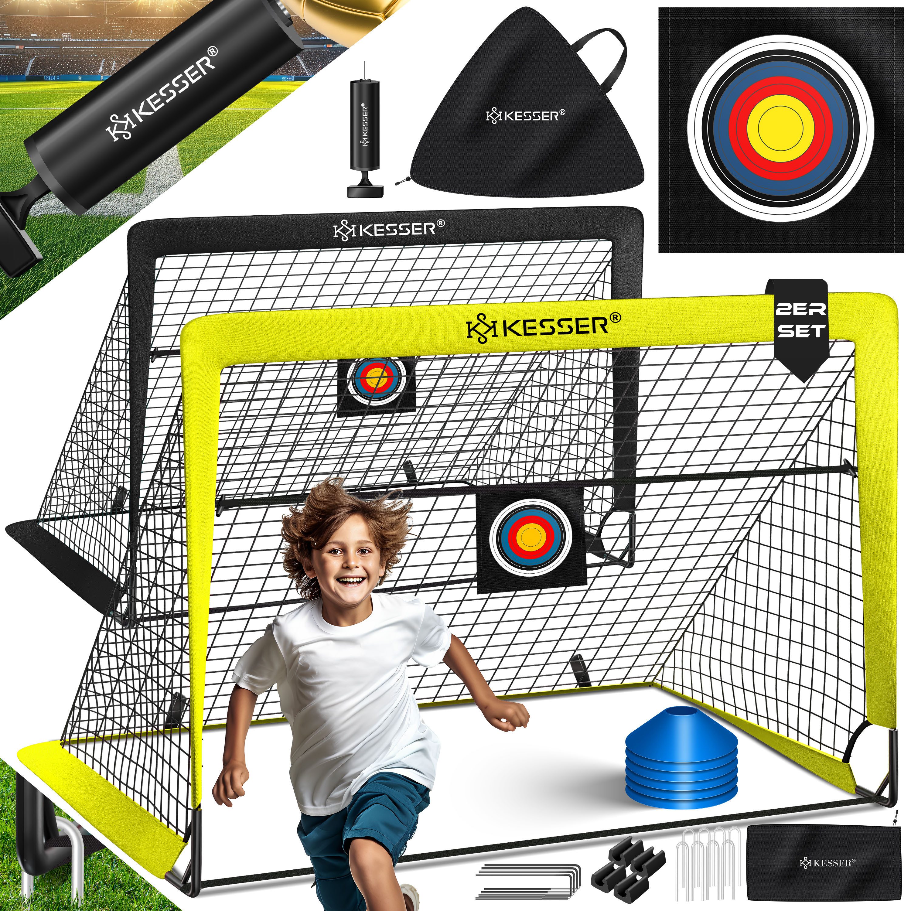 KESSER Fußballtor Set mit Tragetasche, Heringen, Zielscheibe, Hütchen & Pumpe, Pop-Up Tor mit Anti-Rutschfüßen – ideal für Training & Freizeitspiele