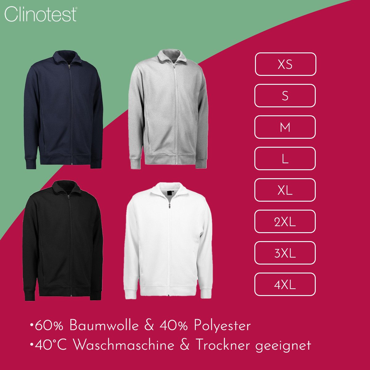Clinotest Sweatjacke ohne Kapuze Unisex - 60% Baumwolle & 40% Polyester mit Stehkragen (1-tlg) Bequeme & atmungsaktive Sweatshirtjacke für Freizeit und Sport