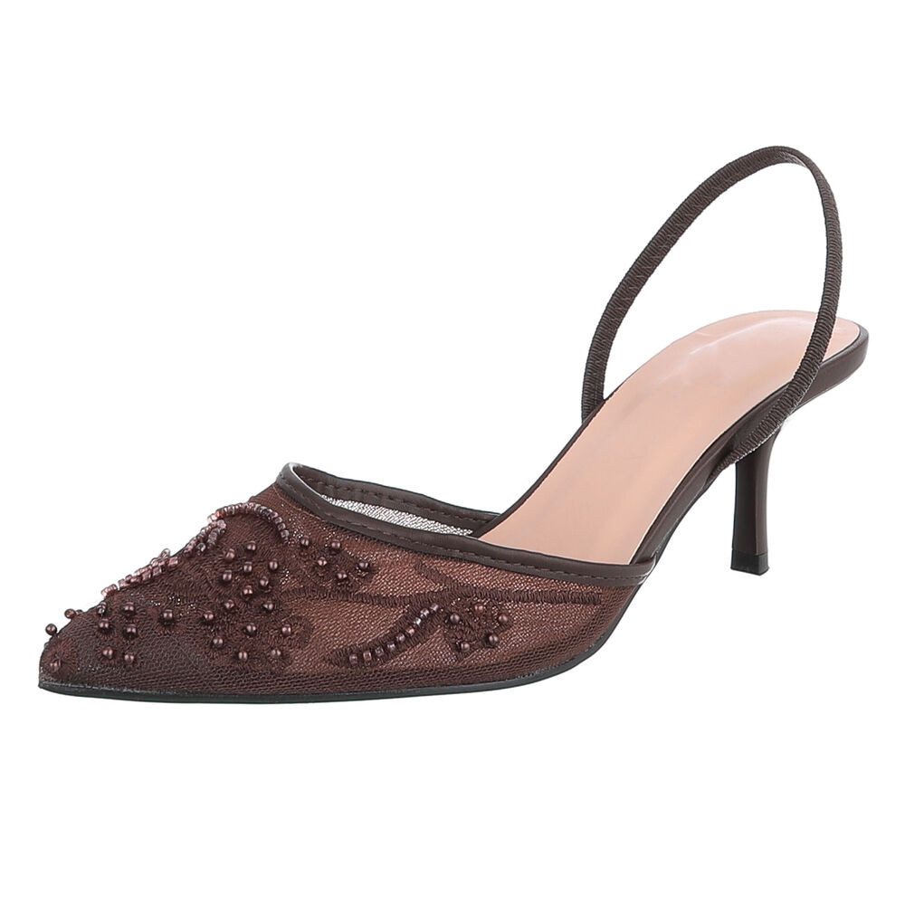 Ital-Design Damen Slingback-Pumps mit Perlenstickerei & High Heel Schnürpumps (92214484) Pfennig-/Stilettoabsatz Pumps in Braun