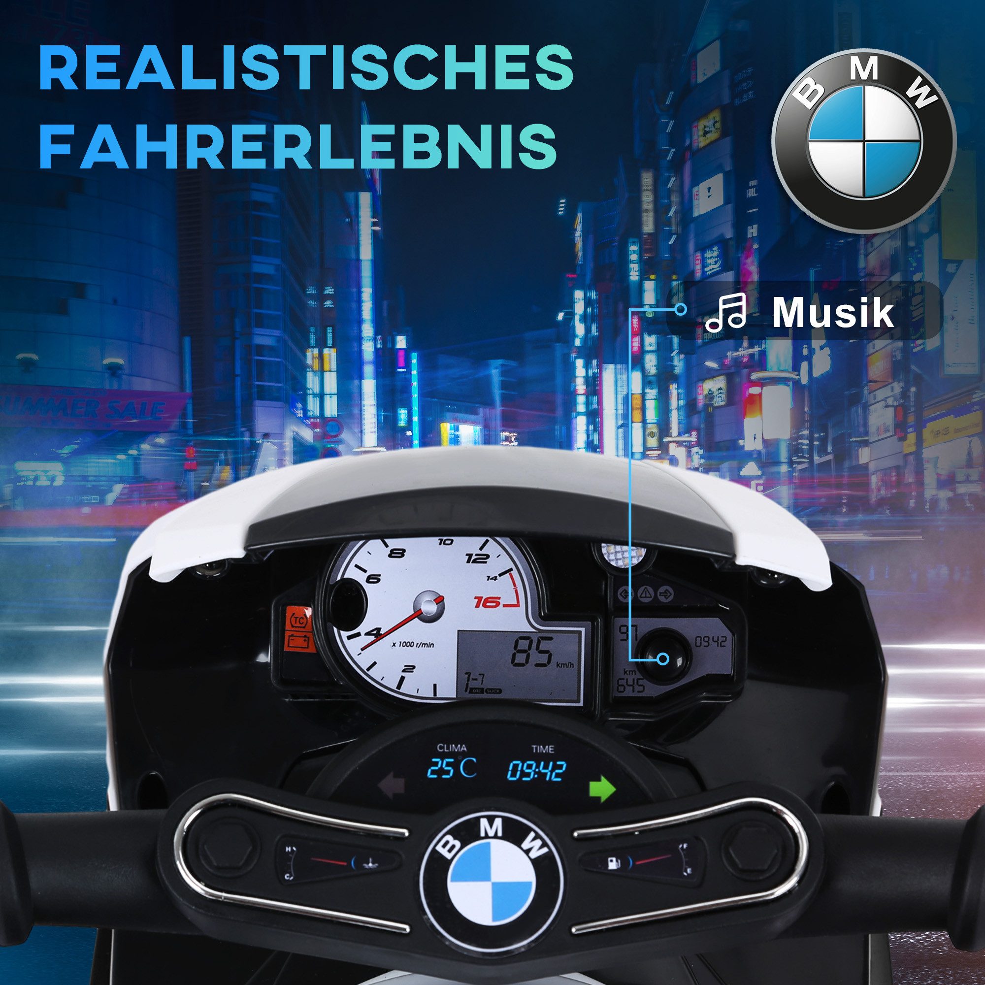 HOMCOM Elektro-Kindermotorrad BMW S1000RR Elektromotorrad mit Scheinwerfer, 2,5 km/h für Kinder, Belastbarkeit 20 kg, (1-tlg), L66 x B37 x H44 cm – Bild 5 von 5