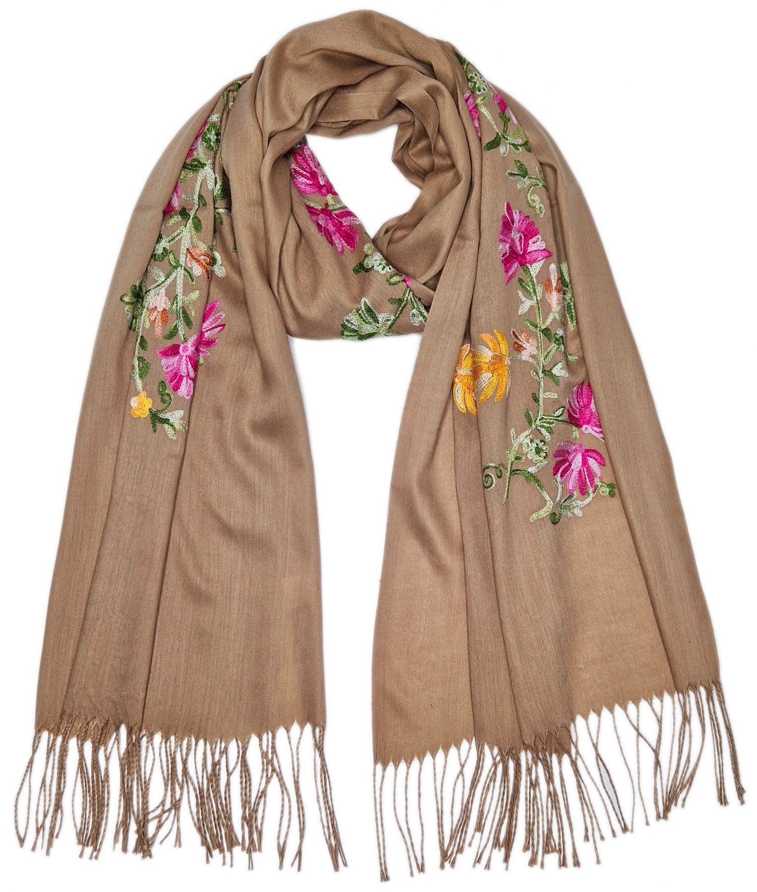 dy_mode Modeschal Damen Schal mit Stickerei Stola Frühlingsschal Weiches Halstuch, mit Blumen-Stickerei, mit Fransen