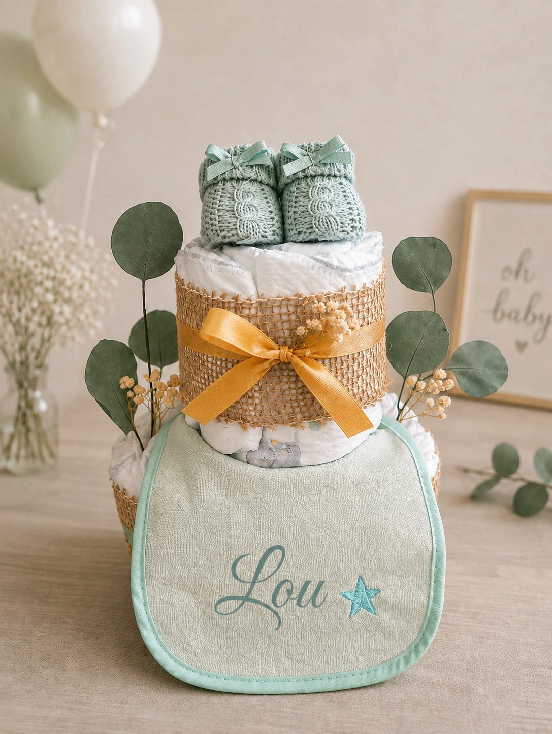 dubistda-WINDELTORTEN- Neugeborenen-Geschenkset Windeltorte mit Lätzchen & Booties