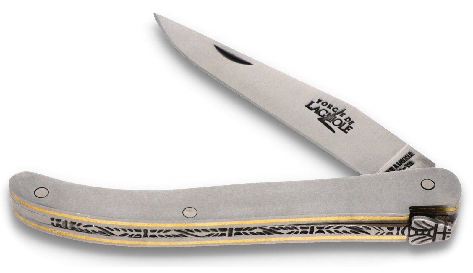 Forge de Laguiole Taschenmesser 109 SAT, "Ghion" - Griff 10cm Stahl - Verzierte Feder - Klinge Stahl satiniert