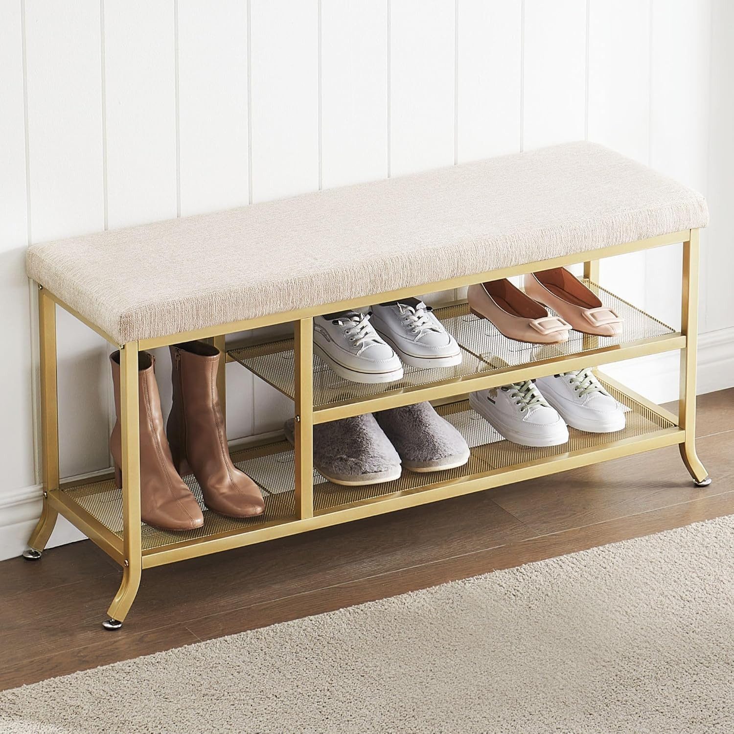 GarveeMore Schuhbank 2 Tier mit Kissen,Metallrahmen Schuh Lagerung Bank, für Eingang,Flur,Schlafzimmer,Wohnzimmer,Gold