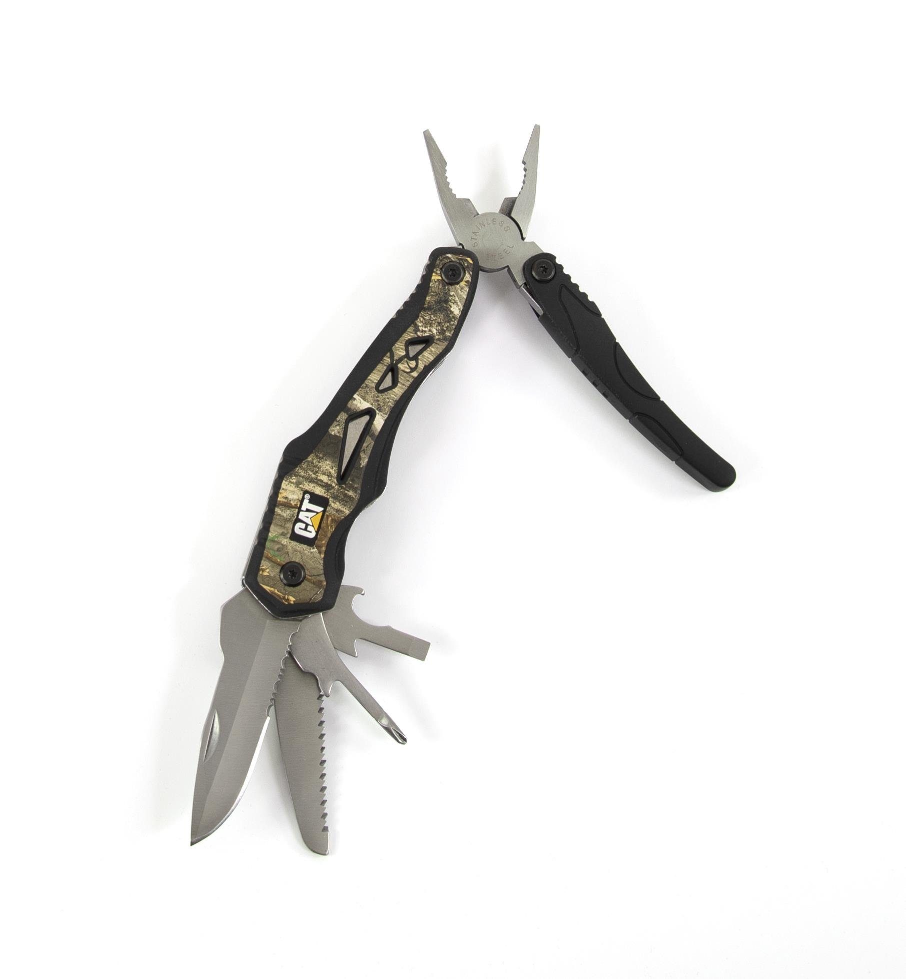 CATERPILLAR Taschenmesser CAT Multitool BOX 2er Set mit 10 in 1 Multitool, (Set, 1x Multitool, 1x Klappmesser, 1x Aufbewahrungstasche), Glasfasergriff, Klappmesser mit Sicherheitshammer