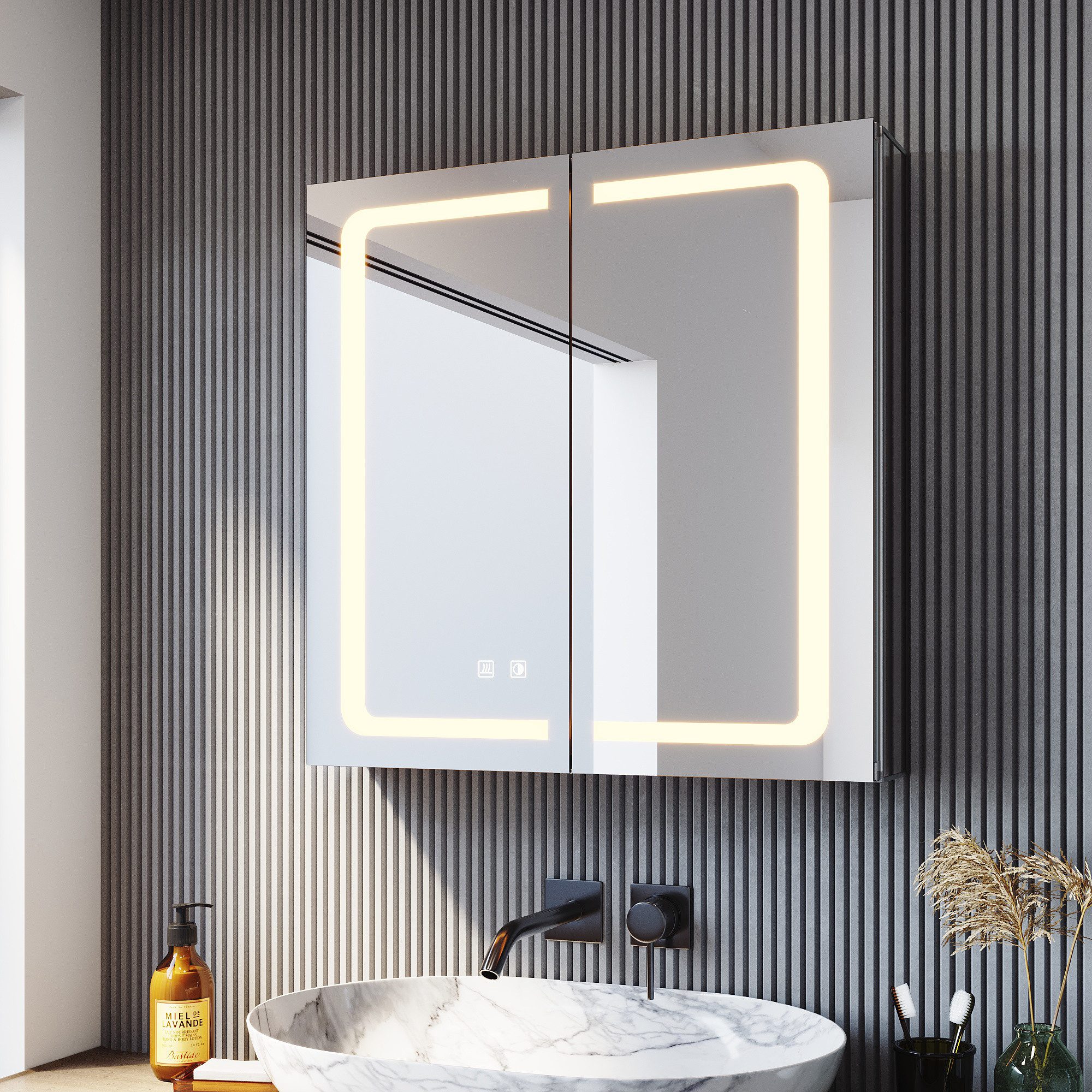 SONNI Spiegelschrank Spiegelschrank bad mit Beleuchtung und Antibeschlag-Funktion Aluminium mit Touch-Bedienung und integrierter Rasierersteckdose