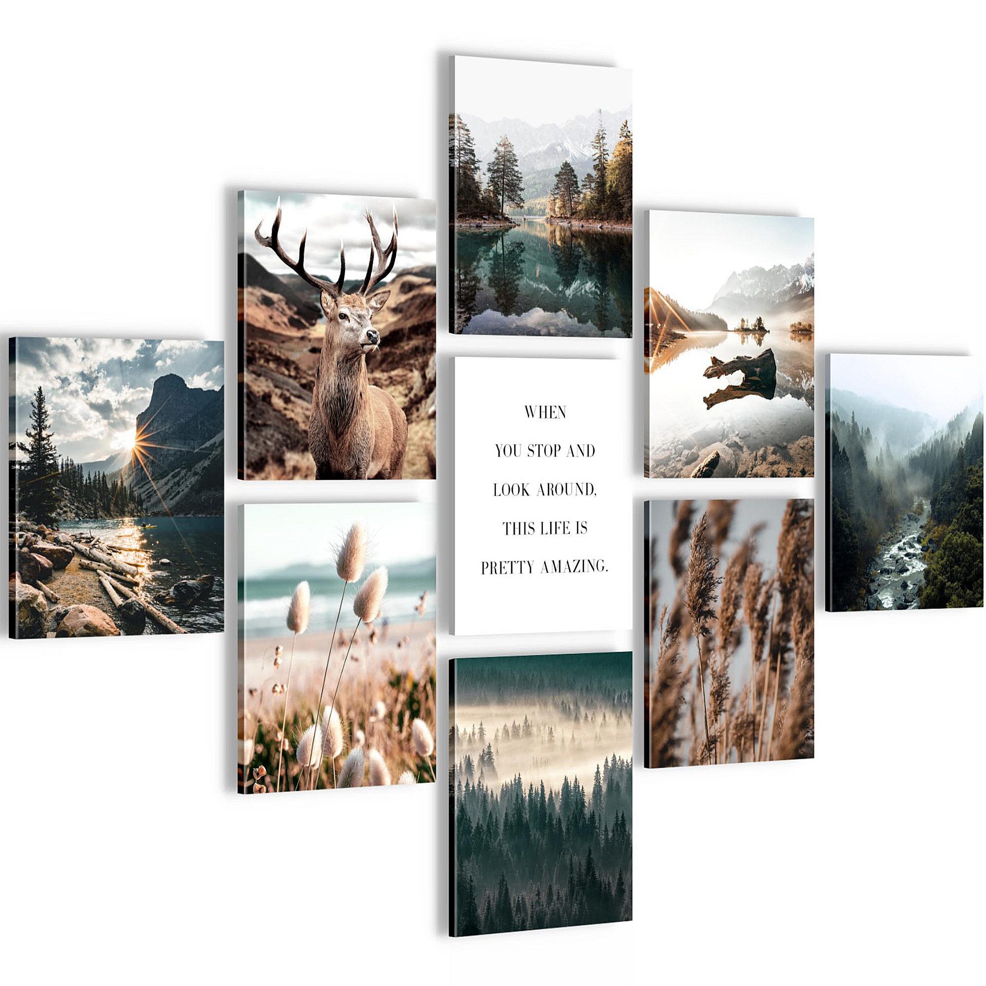 Novart Wandbild Wandbilder Set Wohnzimmer Wald Hirsch Natur Berge, (9 St)