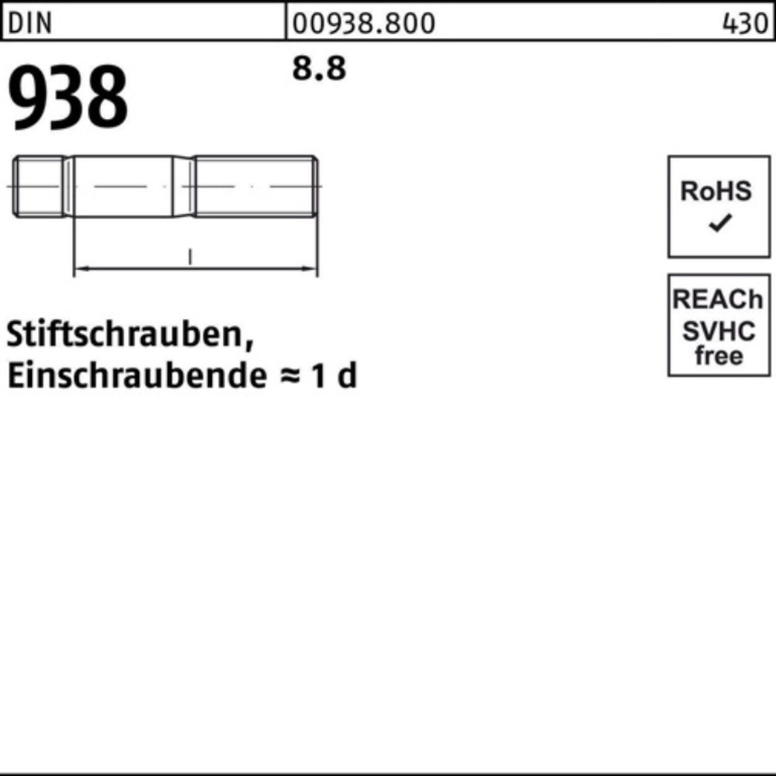 938 70 100er Reyher Stück 8.8 Stiftschraube Pack Stif M8x DIN Stiftschraube 50 8.8 938 DIN