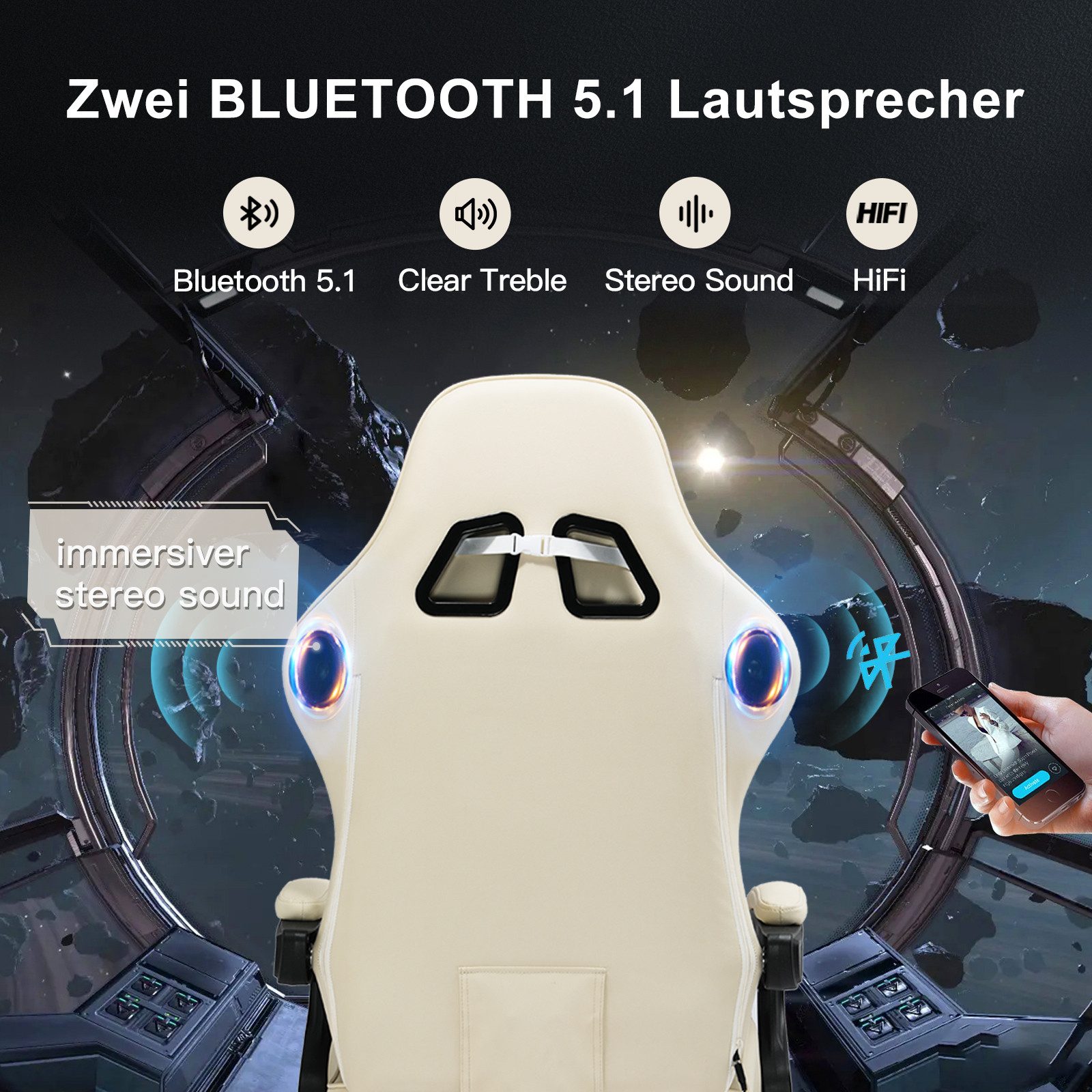 GTPLAYER Gaming-Stuhl ergonomischer Bürostuhl mit HIFI Stereo Lautsprecher, Verbindungsarmlehen beeindrukende Klang-atmosphäre – Bild 2 von 5